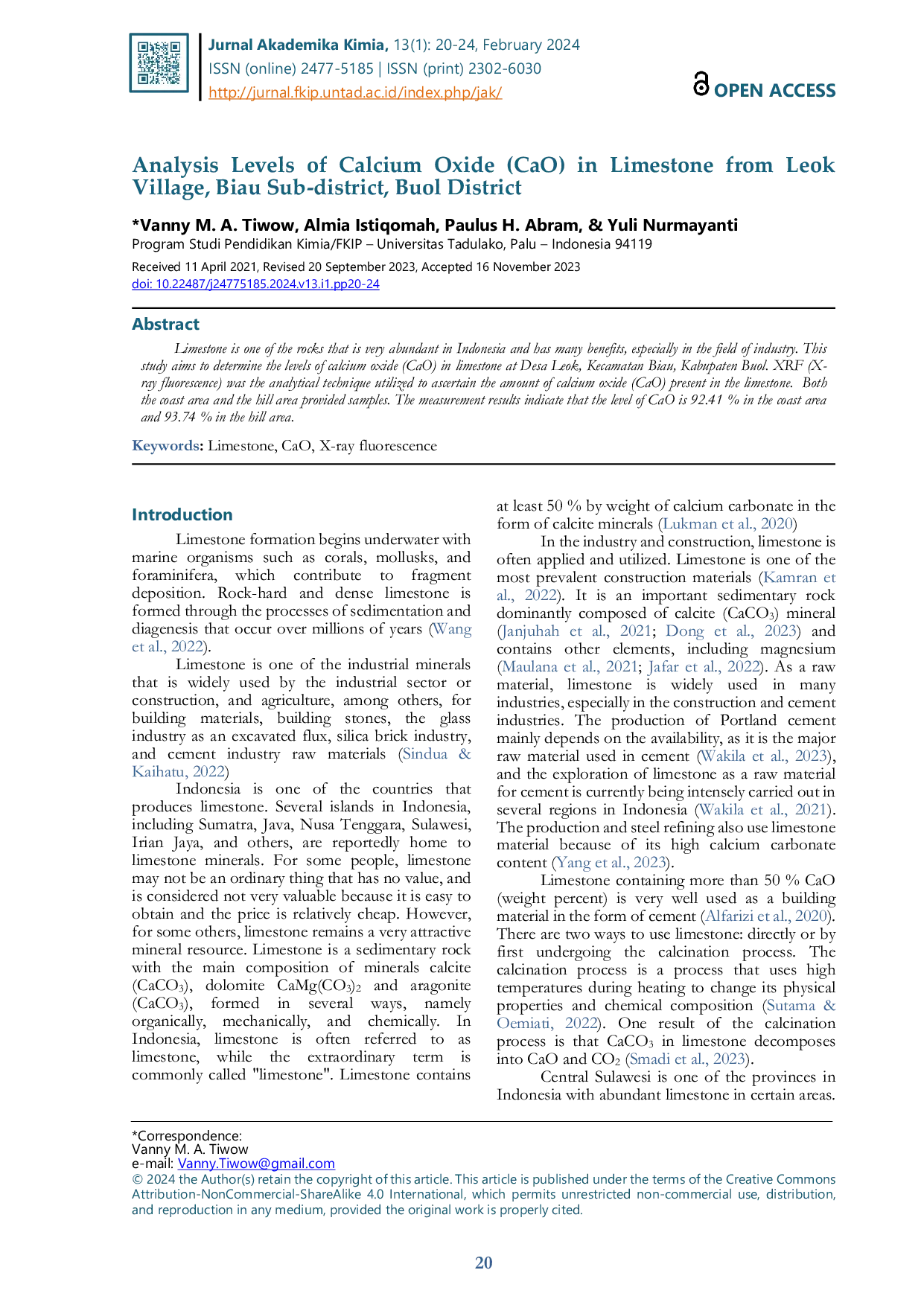 JURIS Analysis Levels Of Calcium Oxide CaO In Limestone From Leok Village Biau Sub District Buol District