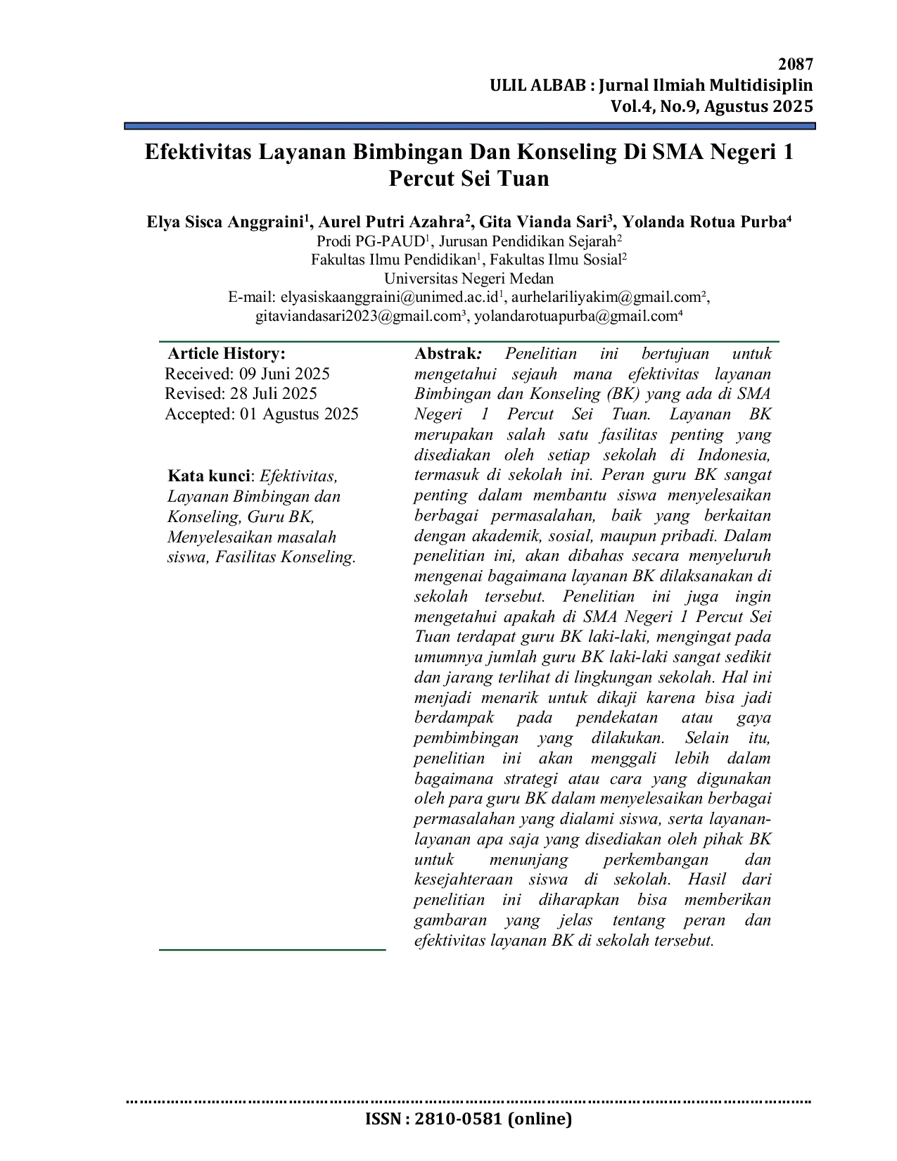 JURIS Efektivitas Layanan Bimbingan Dan Konseling Di SMA Negeri 1 Percut Sei Tuan