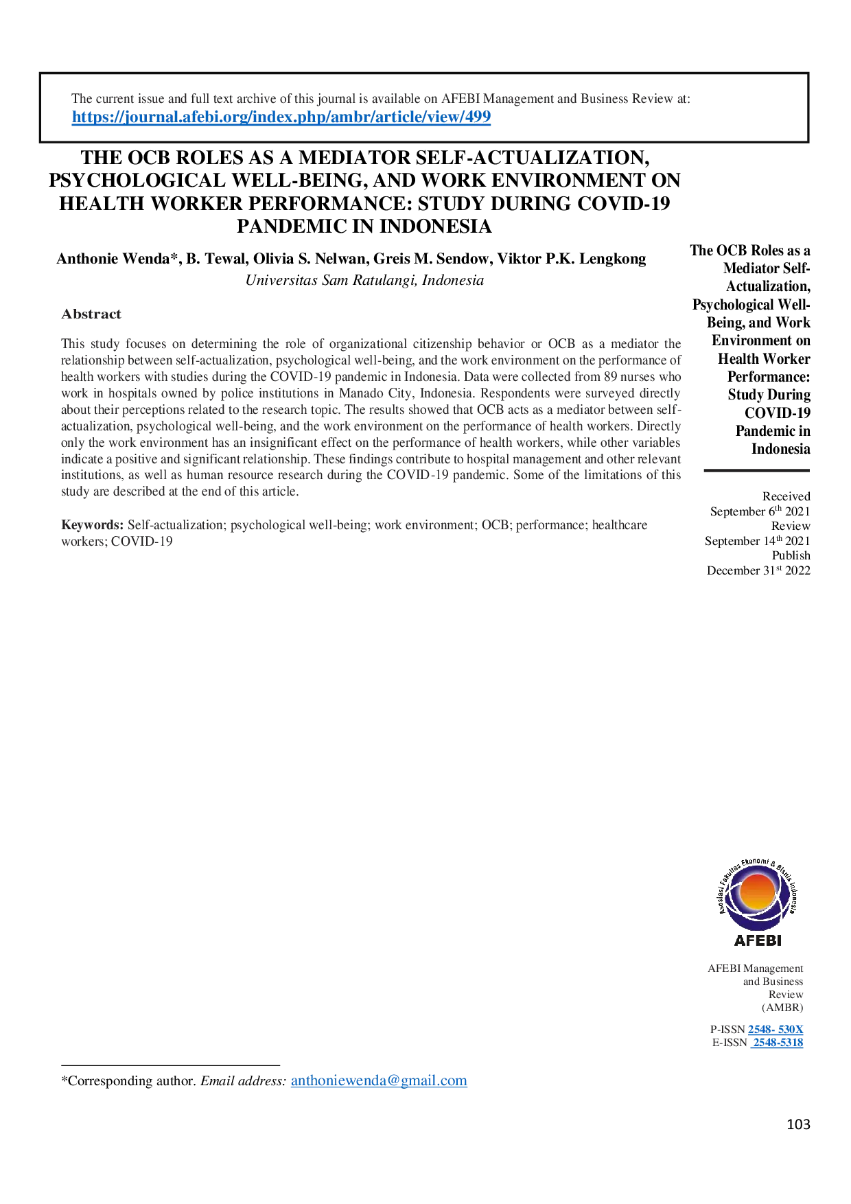juris The OCB Roles as a Mediator Self Actualization Psychological Well Being and Work Environment on Health Worker Performance Study During COVID 19 Pandemic in Indonesia