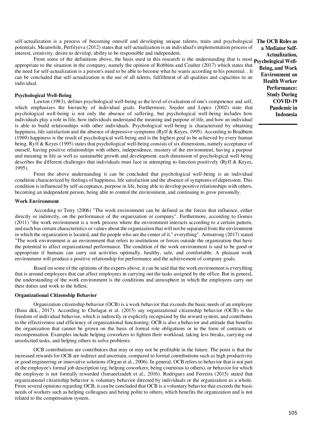 juris The OCB Roles as a Mediator Self Actualization Psychological Well Being and Work Environment on Health Worker Performance Study During COVID 19 Pandemic in Indonesia