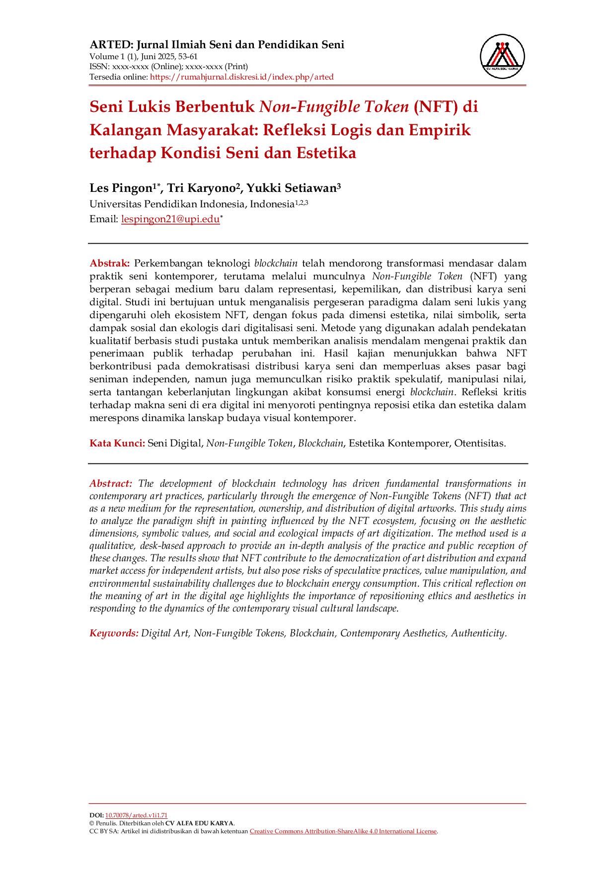 JURIS Seni Lukis Berbentuk Non Fungible Token NFT di Kalangan Masyarakat Refleksi Logis dan Empirik terhadap Kondisi Seni dan Estetika
