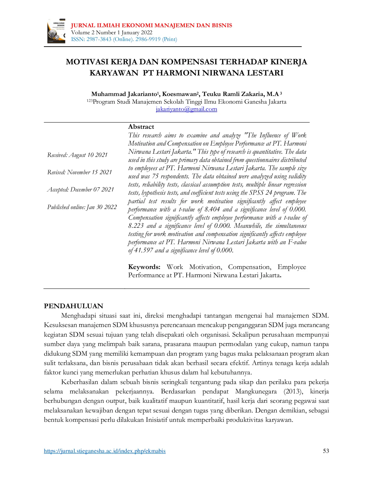 JURIS Motivasi Kerja dan Kompensasi Terhadap Kinerja Karyawan PT Harmoni Nirwana Lestari Jakarta