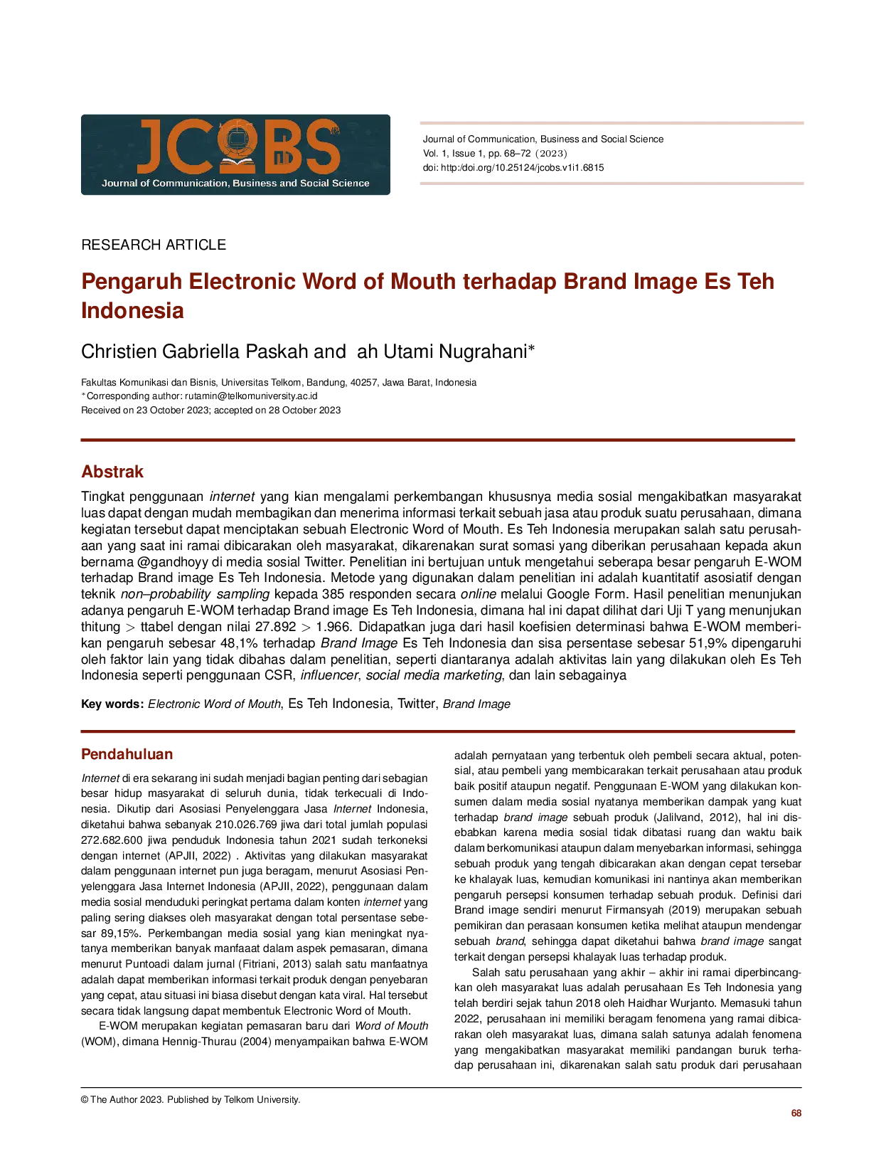 JURIS Pengaruh Electronic Word of Mouth terhadap Brand Image Es Teh Indonesia