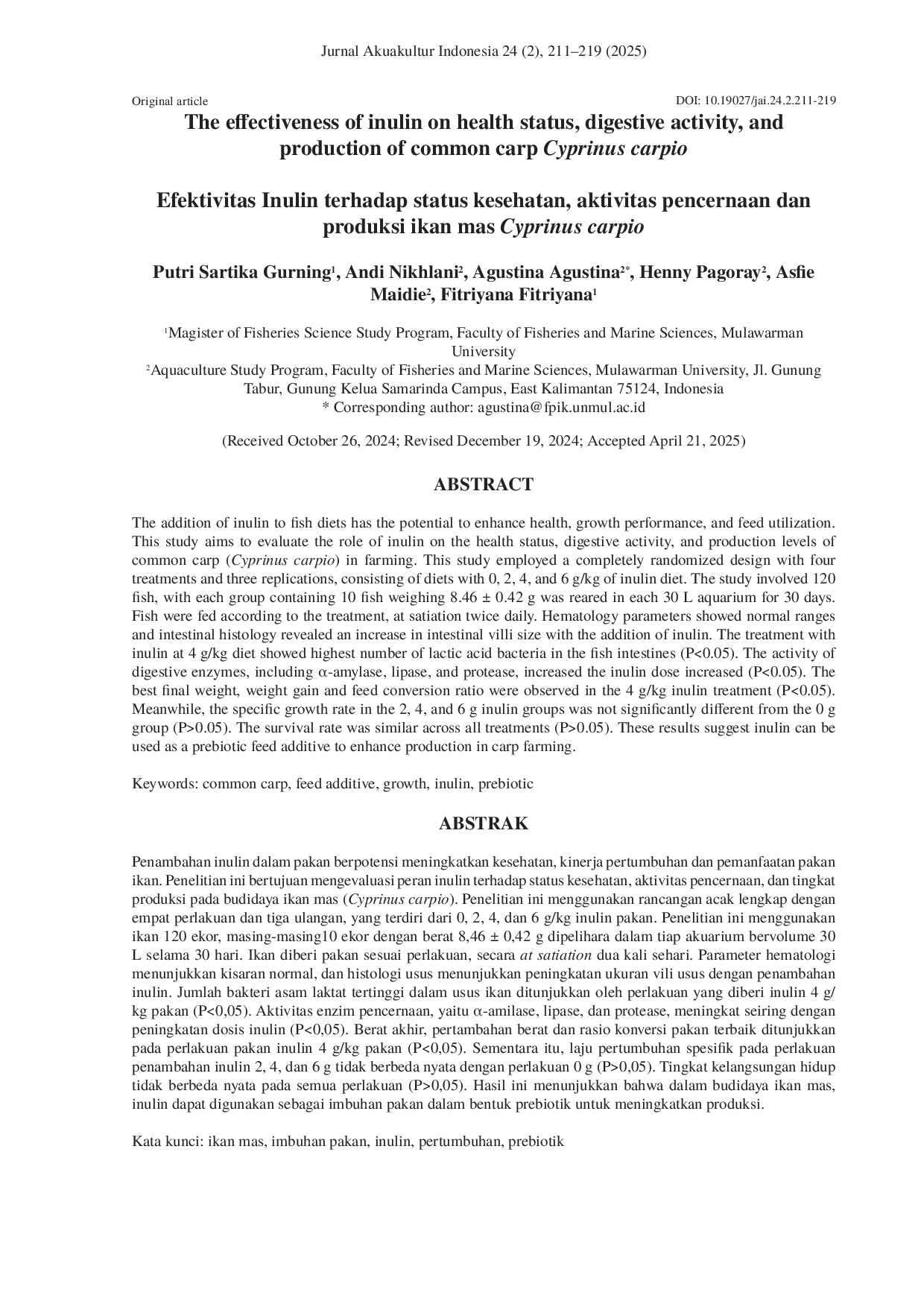 JURIS The Effectiveness of inulin on health status digestive activity and production of common carp Cyprinus carpio