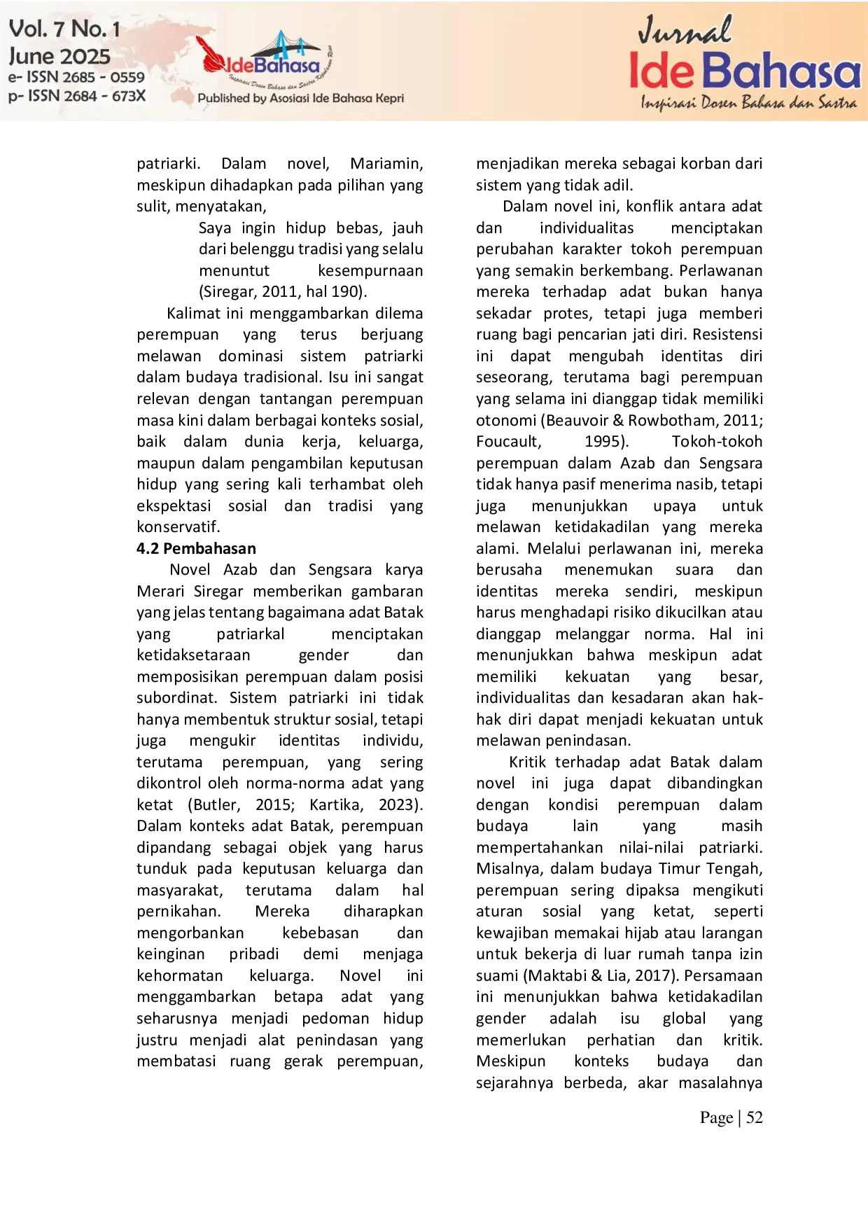 JURIS Kritik Terhadap Ketidakadilan Gender Dalam Adat Batak Pada Novel Azab Dan Sengsara Pendekatan Feminisme