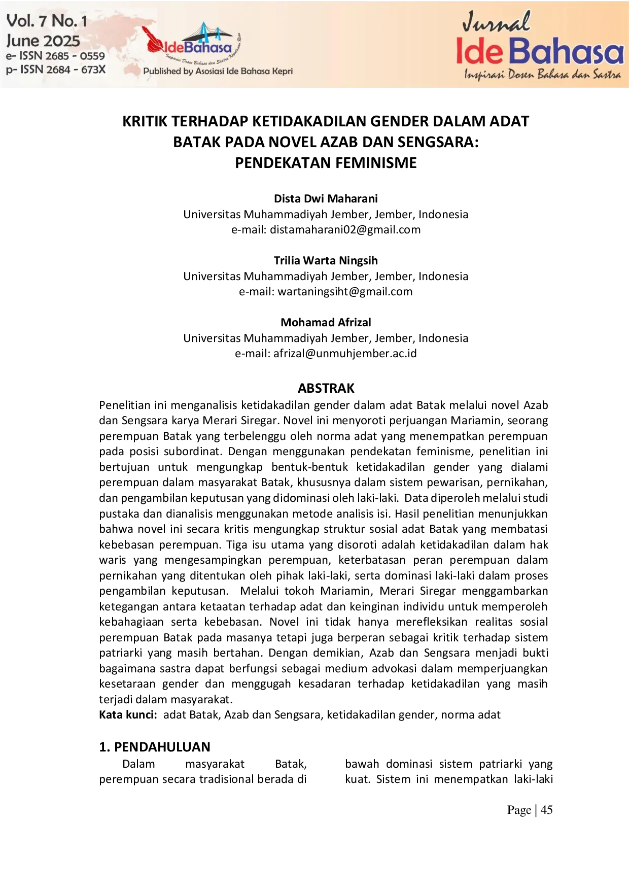 JURIS Kritik Terhadap Ketidakadilan Gender Dalam Adat Batak Pada Novel Azab Dan Sengsara Pendekatan Feminisme