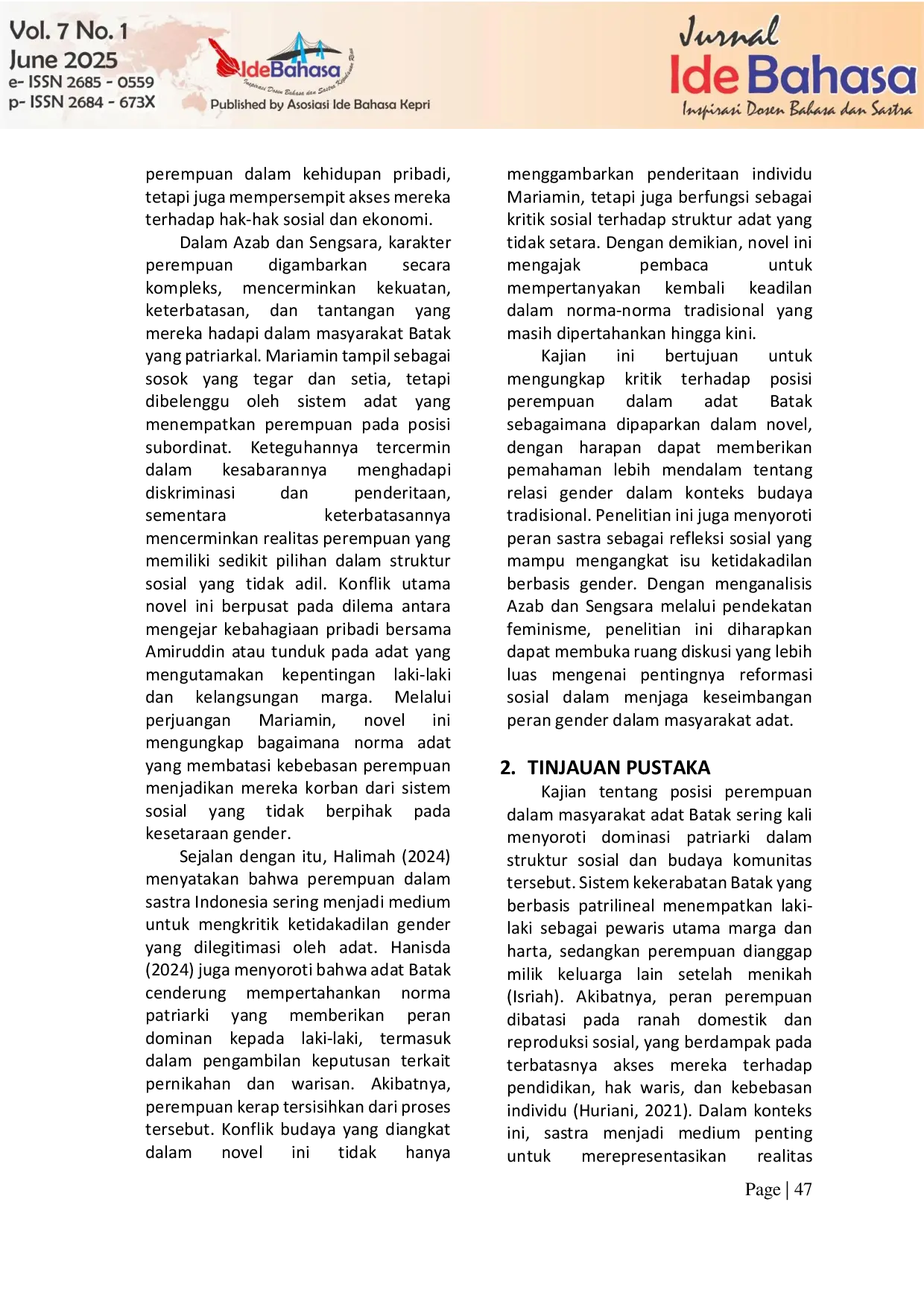 JURIS Kritik Terhadap Ketidakadilan Gender Dalam Adat Batak Pada Novel Azab Dan Sengsara Pendekatan Feminisme