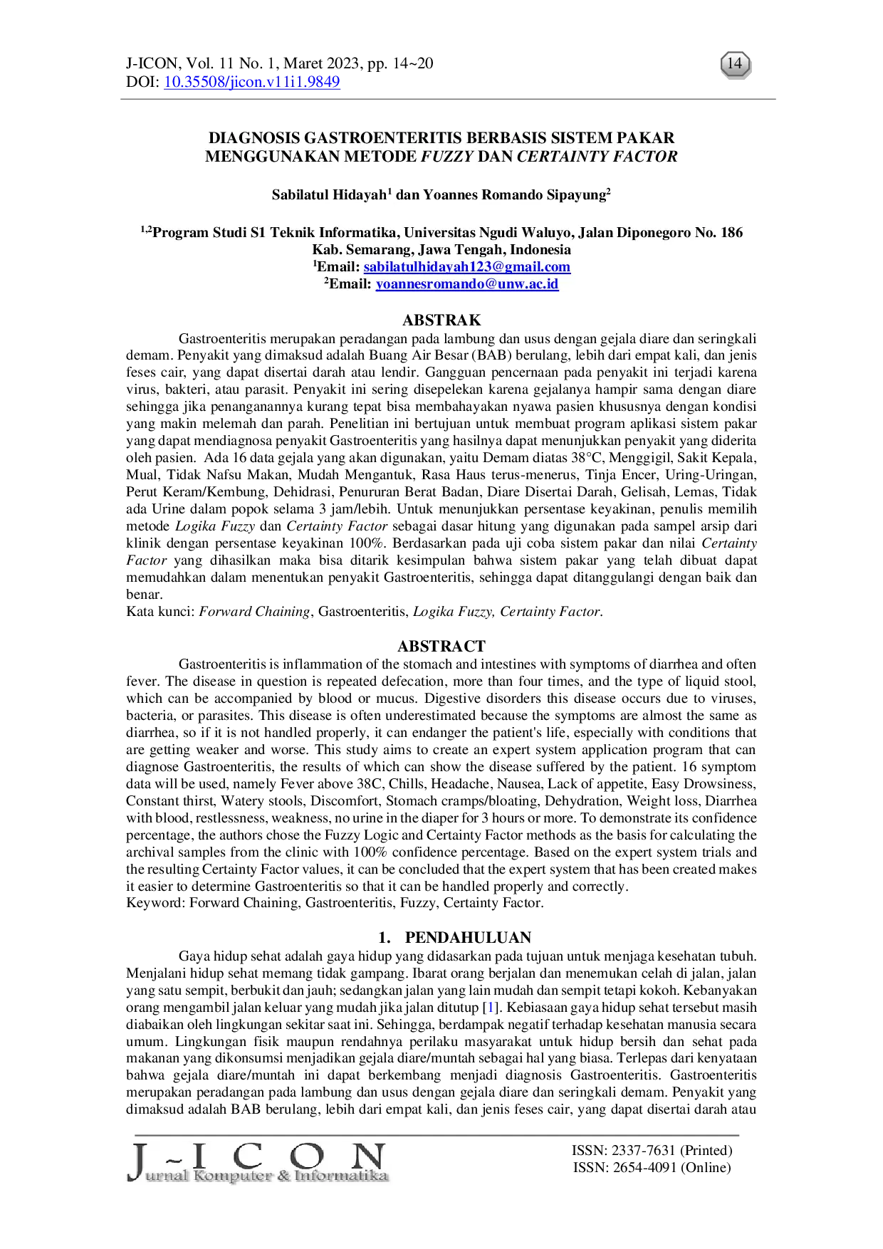 juris Diagnosis Gastroenteritis Berbasis Sistem Pakar Menggunakan Metode Fuzzy Dan Certainty Factor