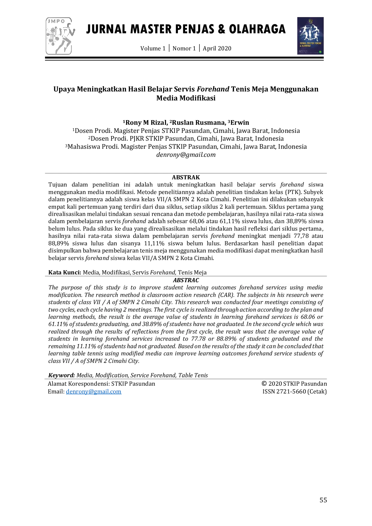 JURIS Upaya Meningkatkan Hasil Belajar Servis Forehand Tenis Meja Menggunakan Media Modifikasi