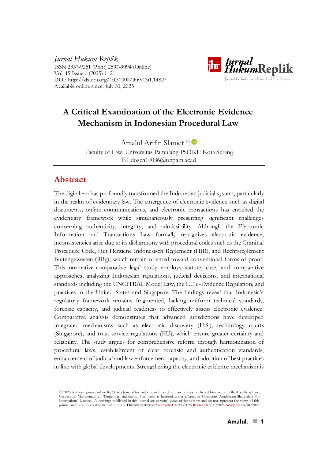 JURIS A Critical Examination of the Electronic Evidence Mechanism in Indonesian Procedural Law