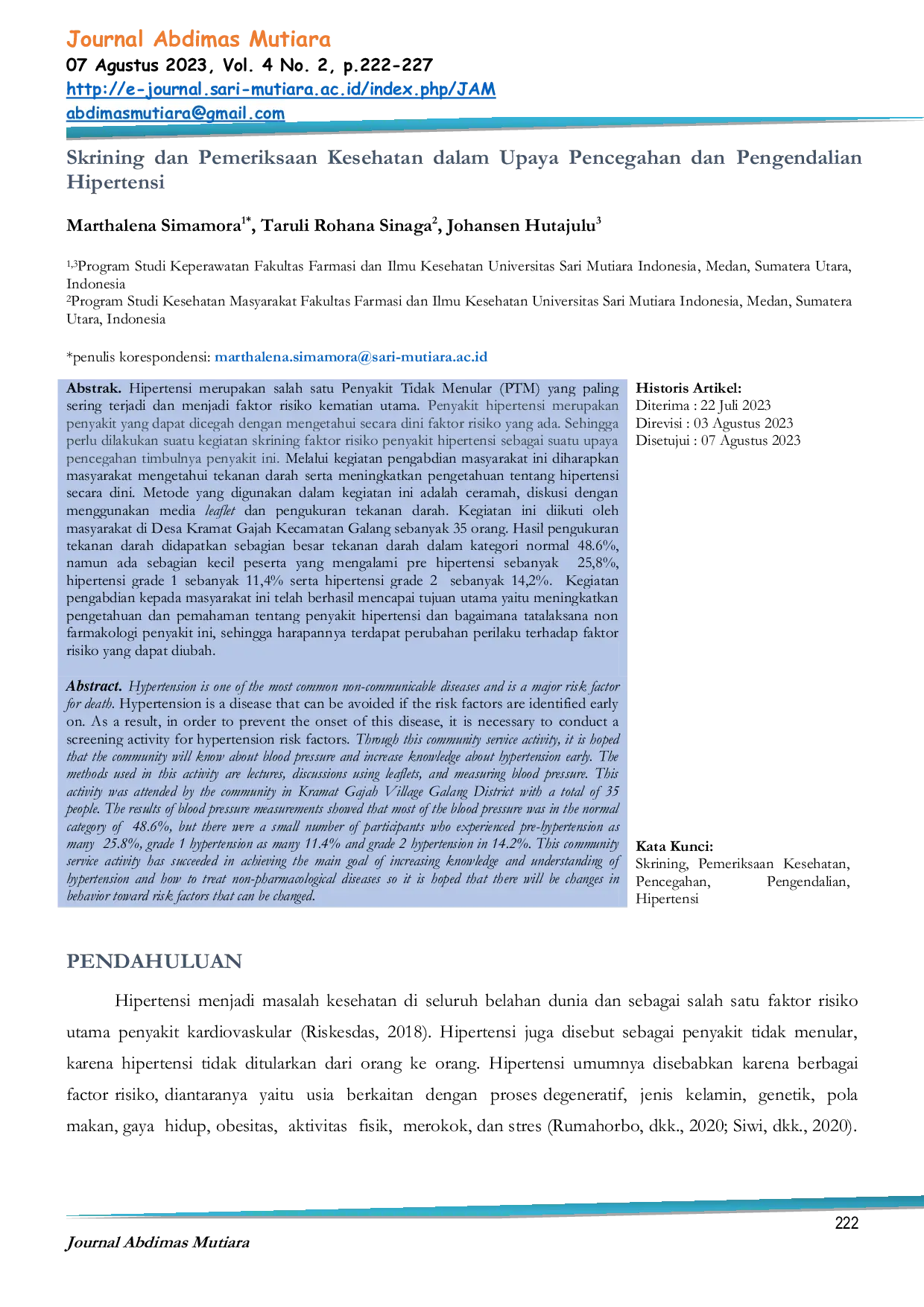 JURIS Skrining dan Pemeriksaan Kesehatan dalam Upaya Pencegahan dan Pengendalian Hipertensi