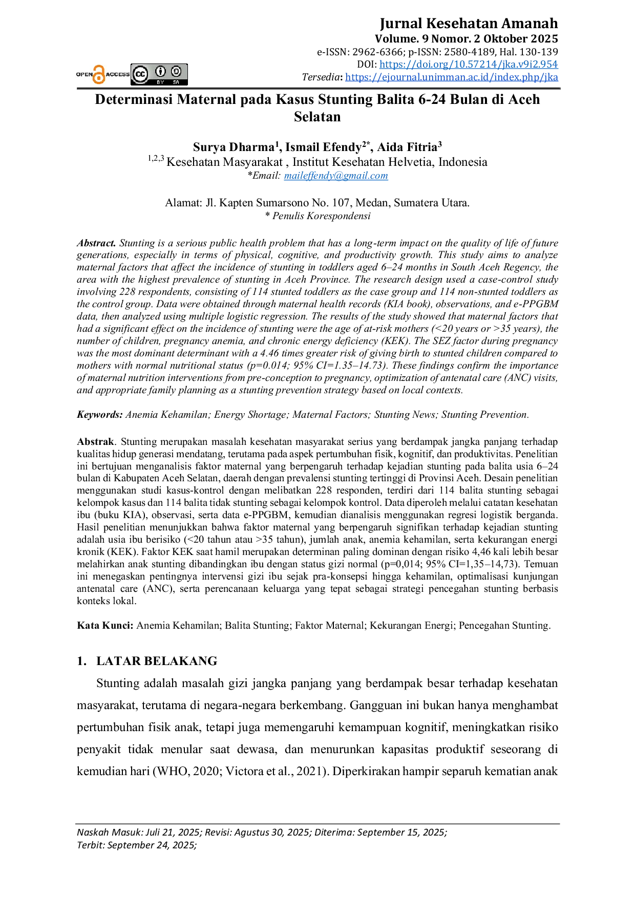 JURIS Determinasi Maternal pada Kasus Stunting Balita 6 24 Bulan di Aceh Selatan