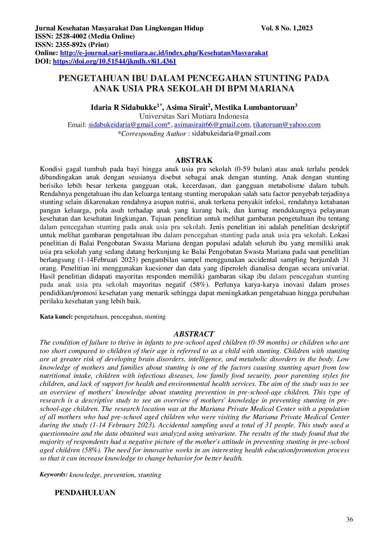 JURIS Pengetahuan Ibu Dalam Pencegahan Stunting Pada Anak Usia Pra Sekolah Di BPM Mariana
