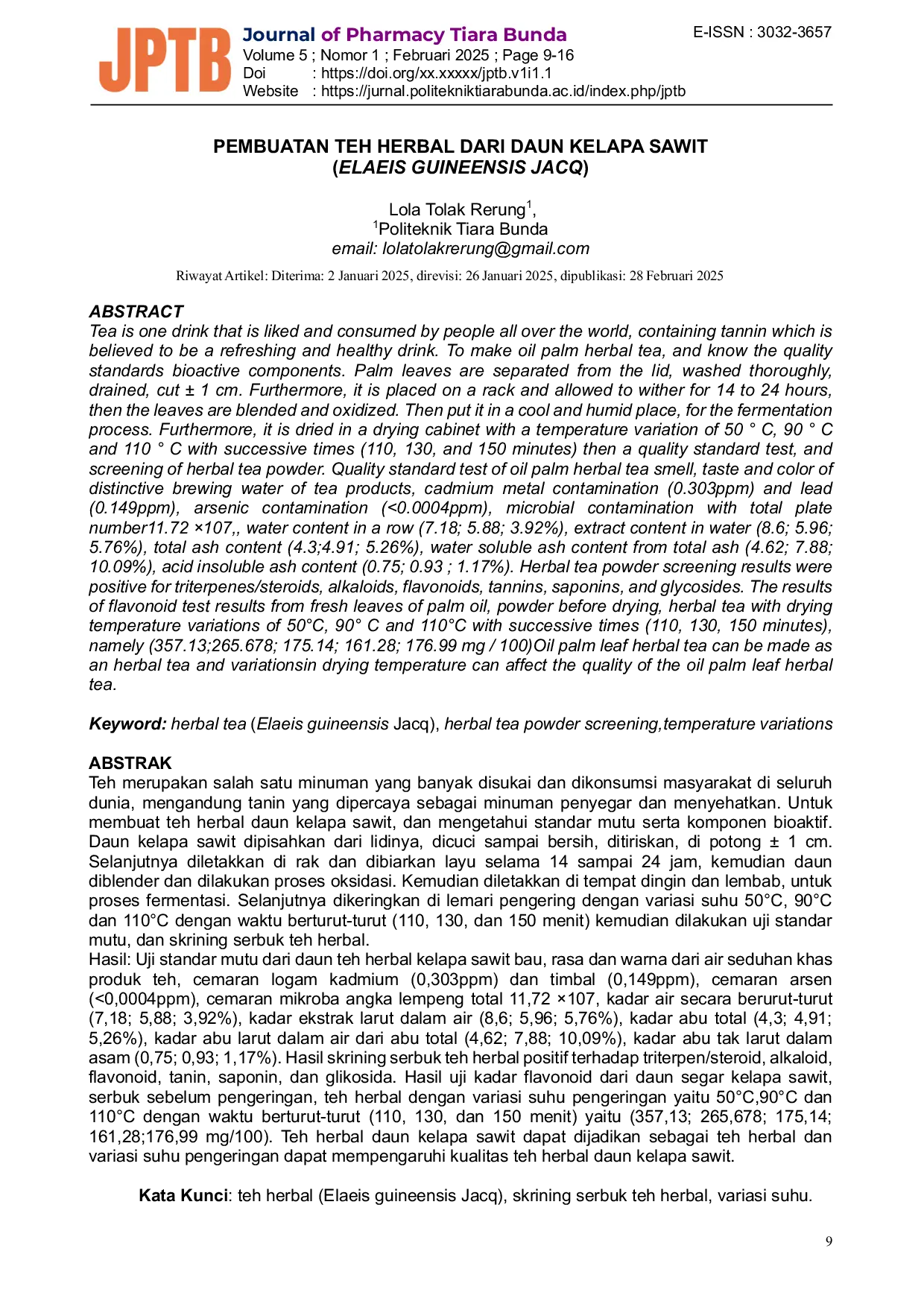 JURIS Pembuatan Teh Herbal Dari Daun Kelapa Sawit Elaeis Guineensis Jacq