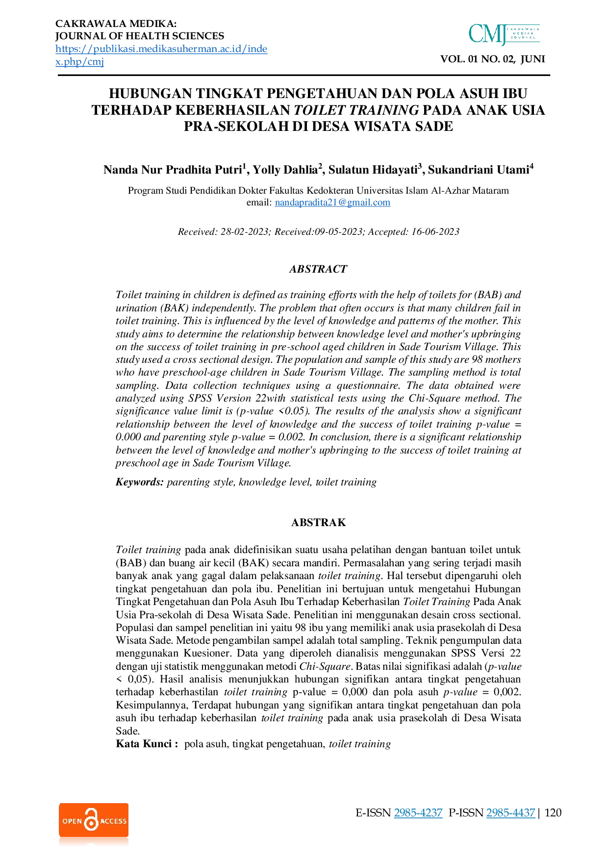 JURIS Hubungan Tingkat Pengetahuan dan Pola Asuh Ibu terhadap Keberhasilan Toilet Training pada Anak Usia Pra sekolah di Desa Wisata Sade