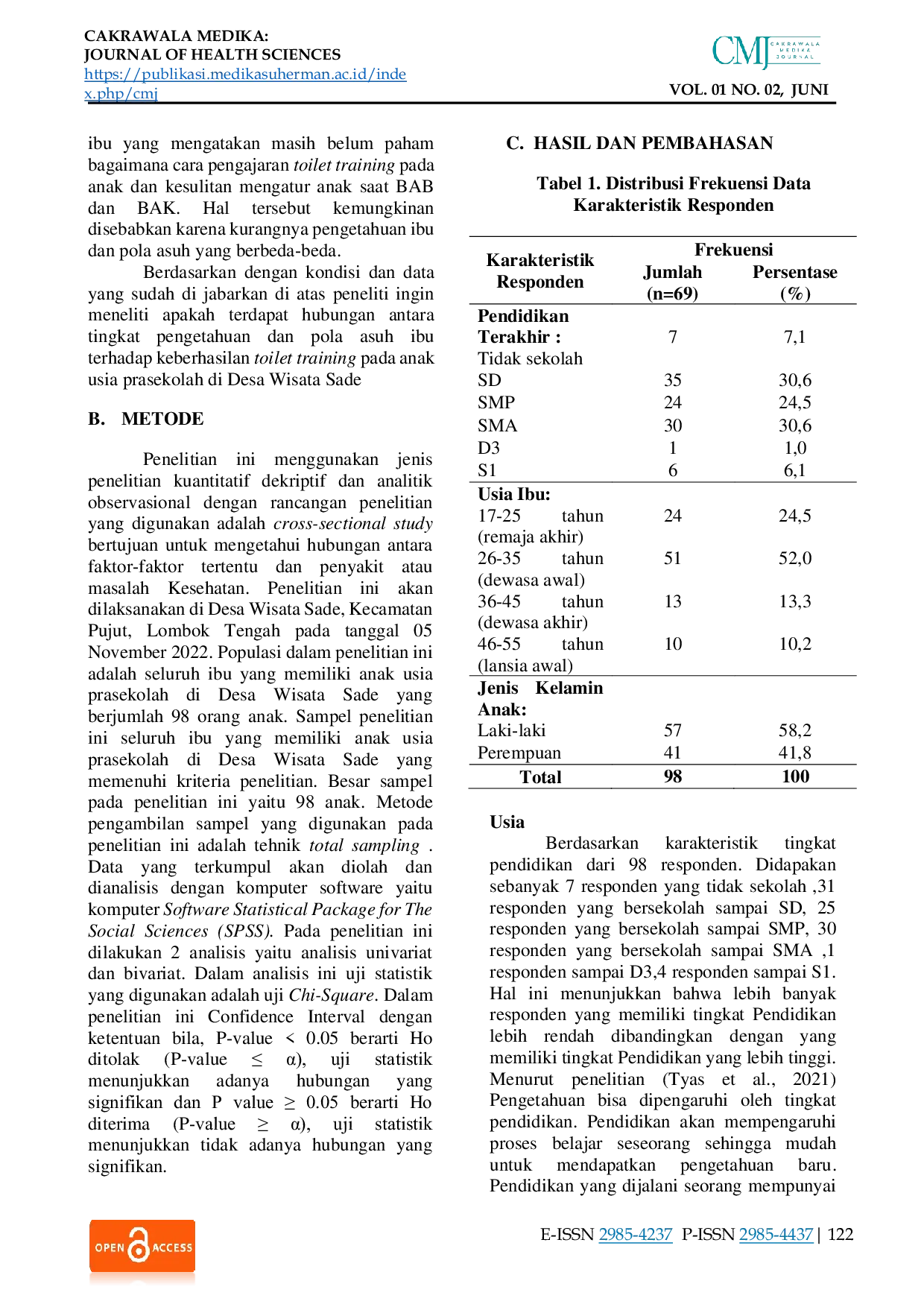 JURIS Hubungan Tingkat Pengetahuan dan Pola Asuh Ibu terhadap Keberhasilan Toilet Training pada Anak Usia Pra sekolah di Desa Wisata Sade