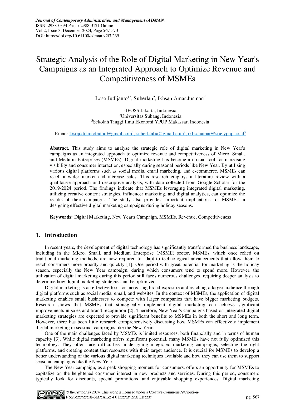 JURIS Strategic Analysis of the Role of Digital Marketing in New Year s Campaigns as an Integrated Approach to Optimize Revenue and Competitiveness of MSMEs