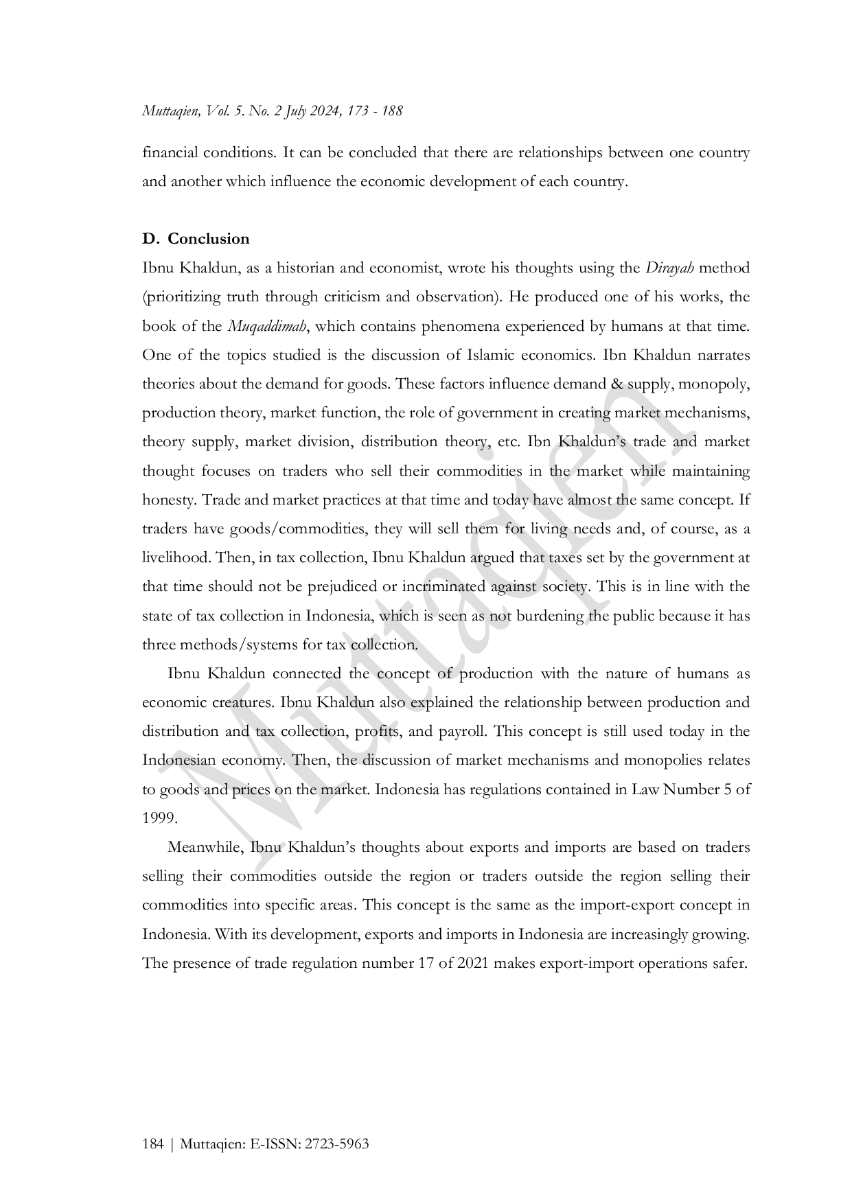 JURIS Ibnu Khaldun Islamic Economics Thoughts in the Book of Muqaddimah and Its Relevance Against Indonesian Economy