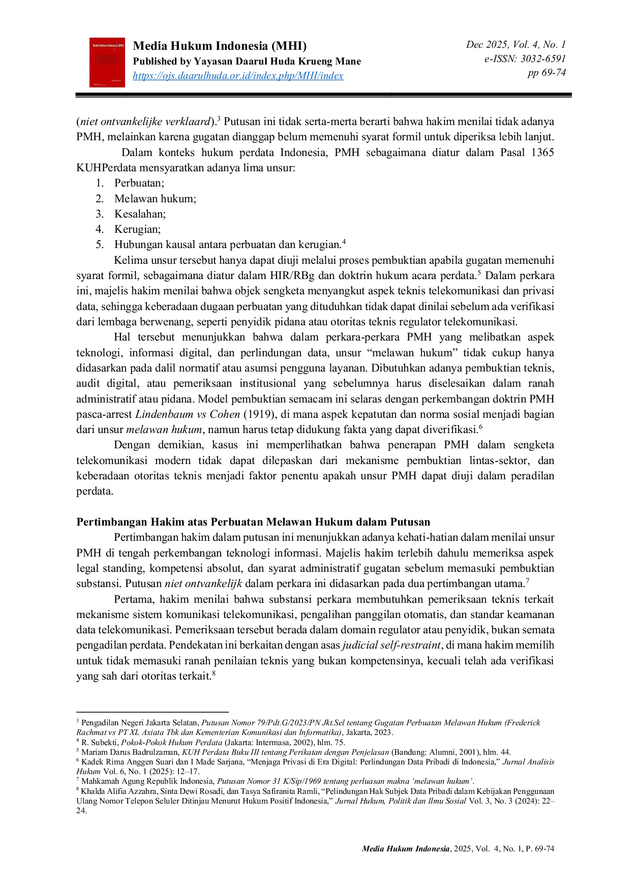 JURIS Analisis terhadap Unsur Unsur Perbuatan Melawan Hukum dalam Putusan Pengadilan Negeri Jakarta Selatan Nomor 79 Pdt G 2023 PN Jkt Sel Tahun 2023