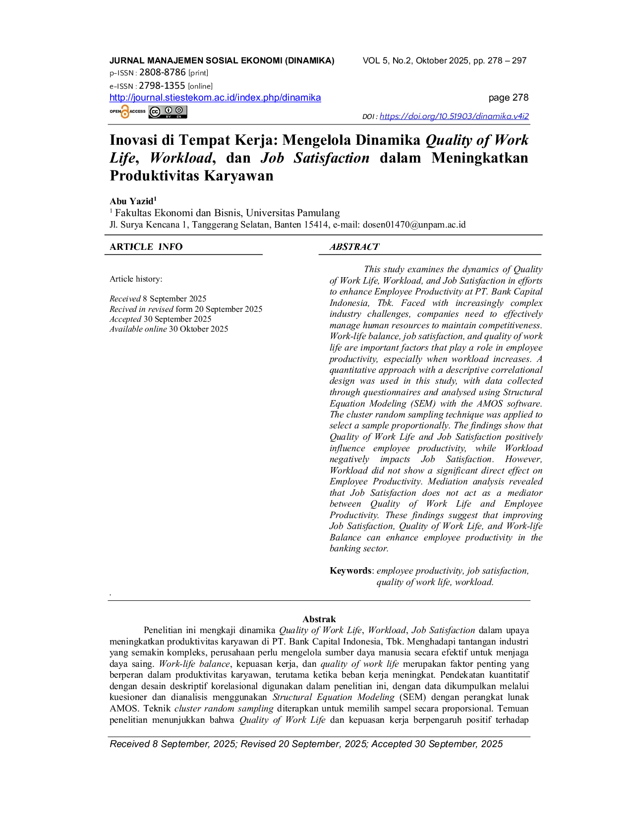 JURIS Inovasi di Tempat Kerja Mengelola Dinamika Quality of Work Life Workload dan Job Satisfaction dalam Meningkatkan Produktivitas Karyawan