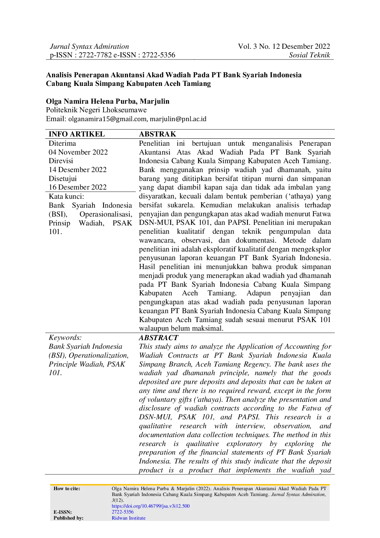 JURIS Analisis Penerapan Akuntansi Akad Wadiah pada PT Bank Syariah Indonesia Cabang Kuala Simpang Kabupaten Aceh Tamiang