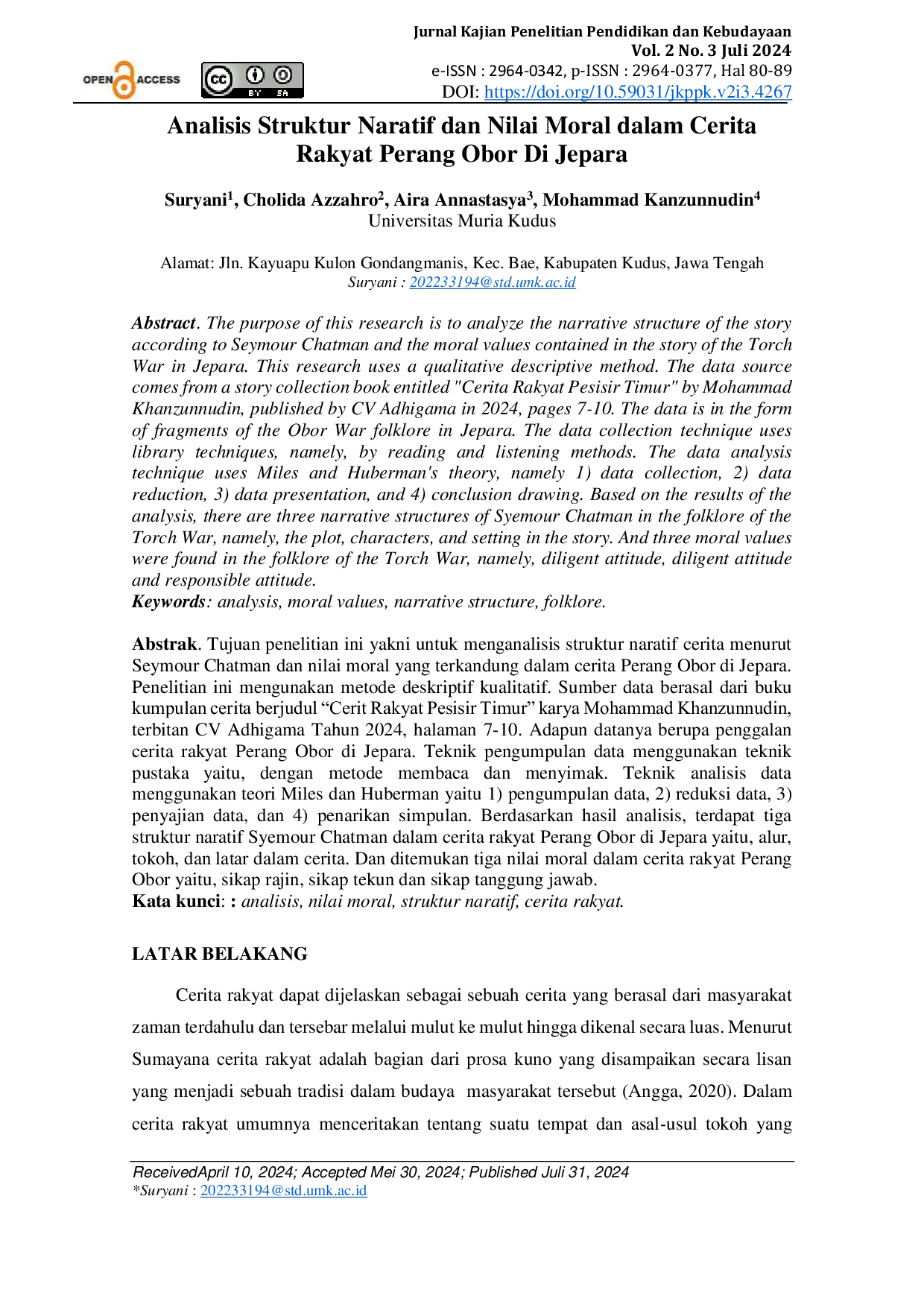 JURIS Analisis Struktur Naratif dan Nilai Moral dalam Cerita Rakyat Perang Obor Di Jepara