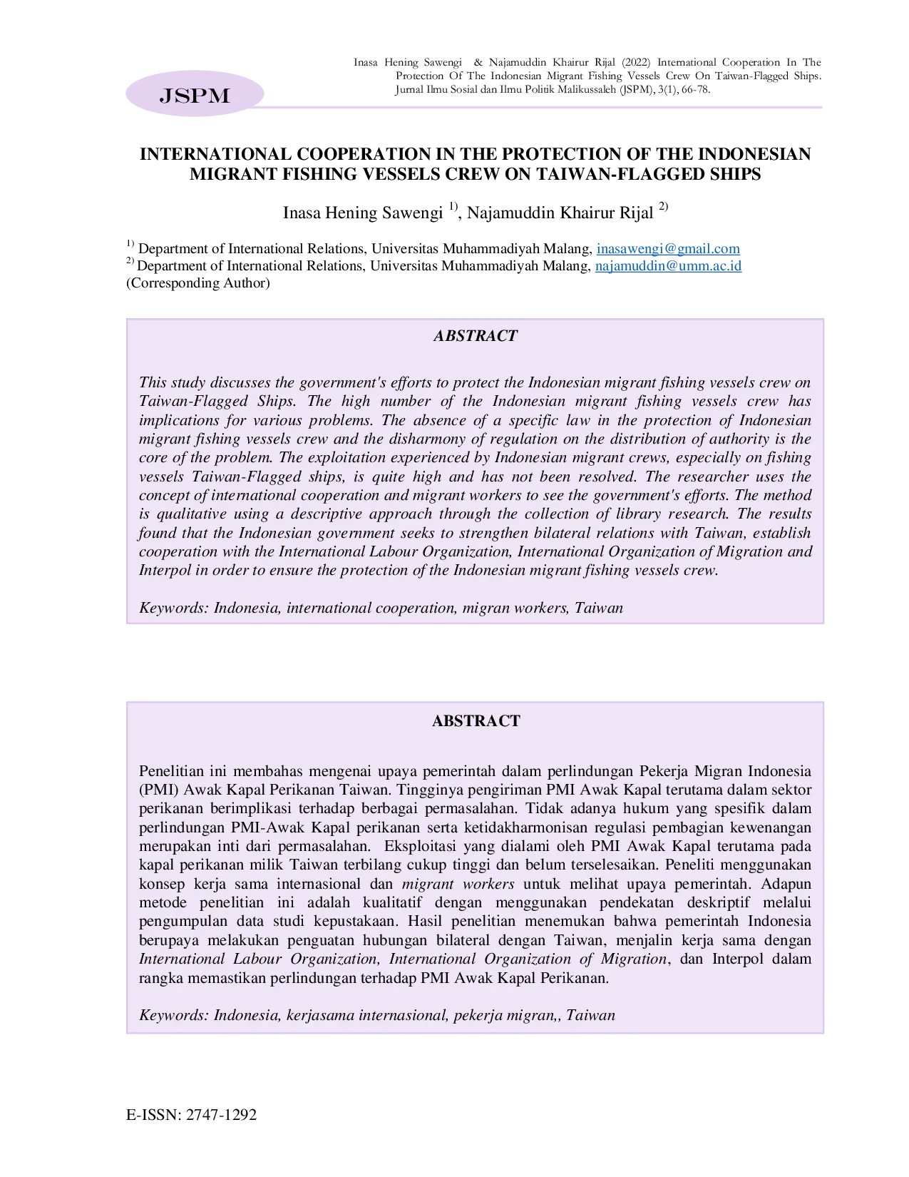 JURIS International Cooperation in the Protection of the Indonesian Migrant Fishing Vessels Crew on Taiwan Flagged Ships