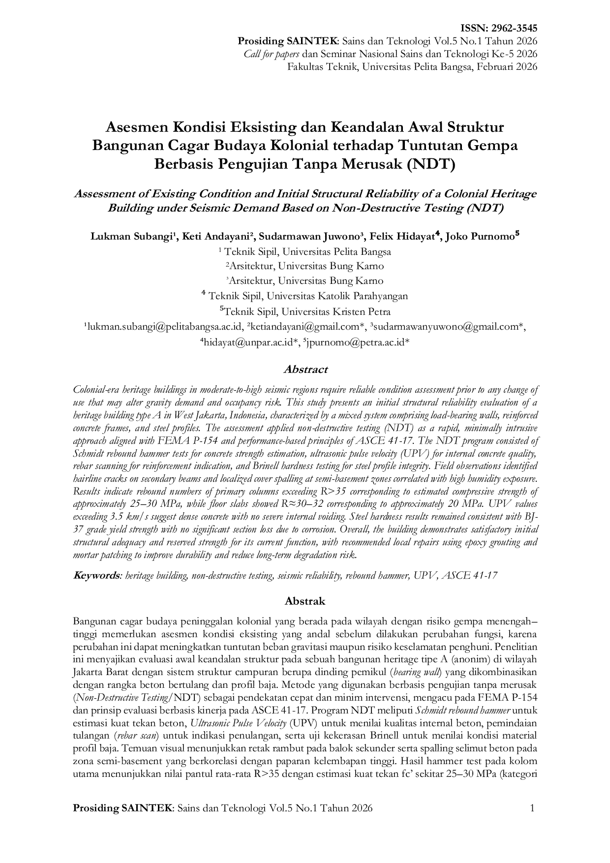JURIS Asesmen Kondisi Eksisting dan Keandalan Awal Struktur Bangunan Cagar Budaya Kolonial terhadap Tuntutan Gempa Berbasis Pengujian Tanpa Merusak NDT