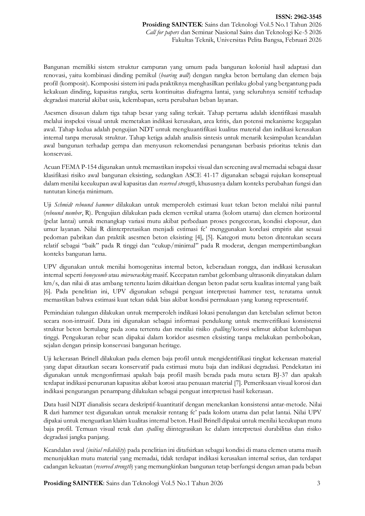 JURIS Asesmen Kondisi Eksisting dan Keandalan Awal Struktur Bangunan Cagar Budaya Kolonial terhadap Tuntutan Gempa Berbasis Pengujian Tanpa Merusak NDT