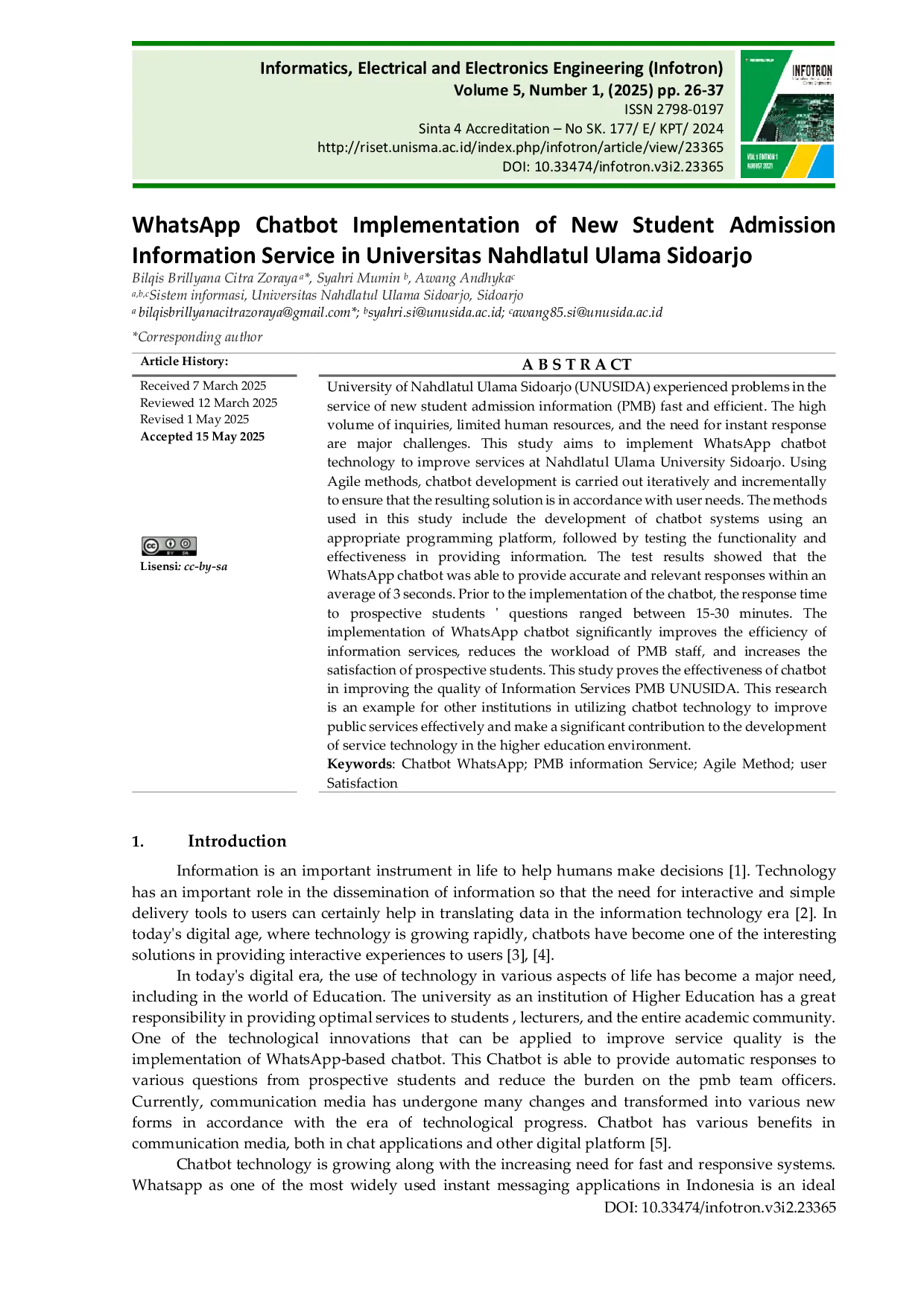 JURIS WhatsApp Chatbot Implementation of New Student Admission Information Service in Universitas Nahdlatul Ulama Sidoarjo