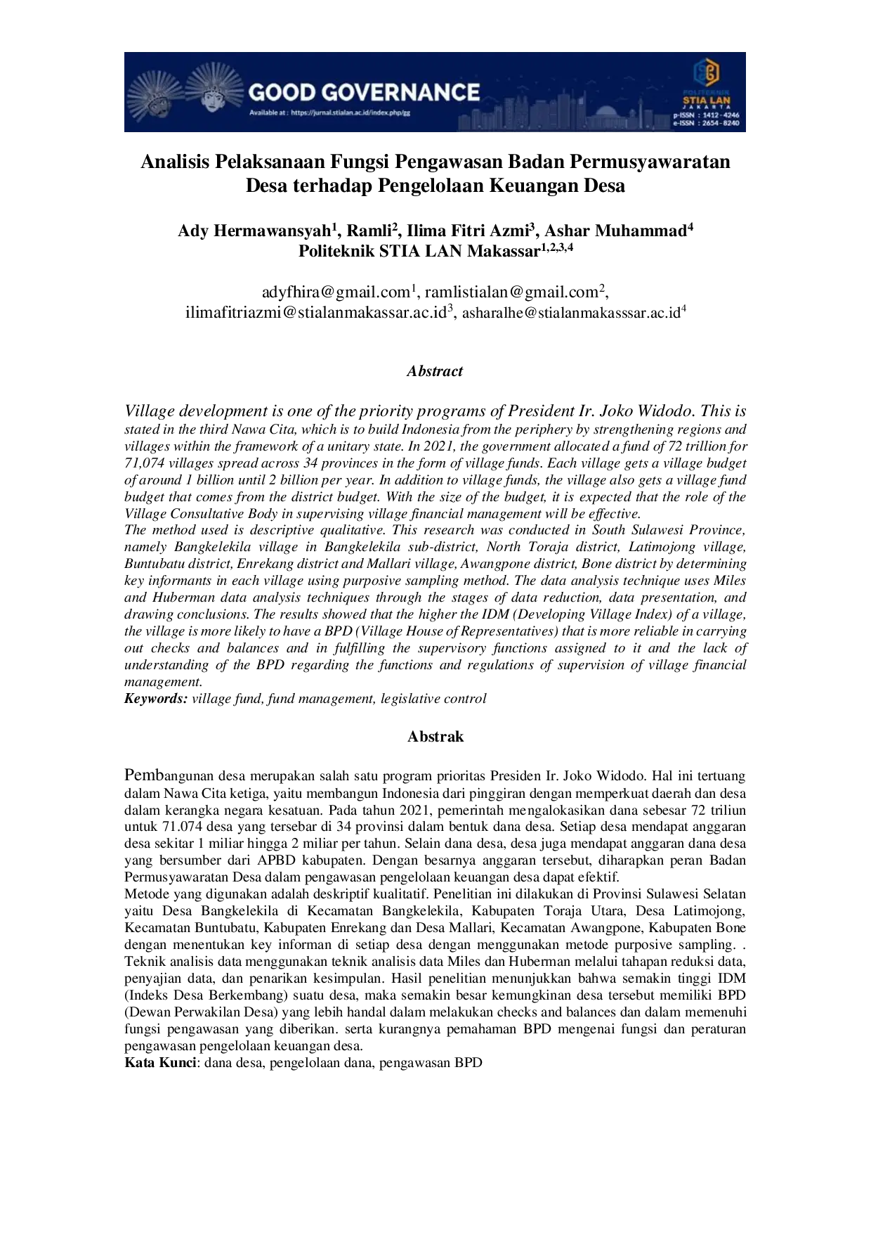 JURIS Analisis Pelaksanaan Fungsi Pengawasan Badan Permusyawaratan Desa terhadap Pengelolaan Keuangan Desa