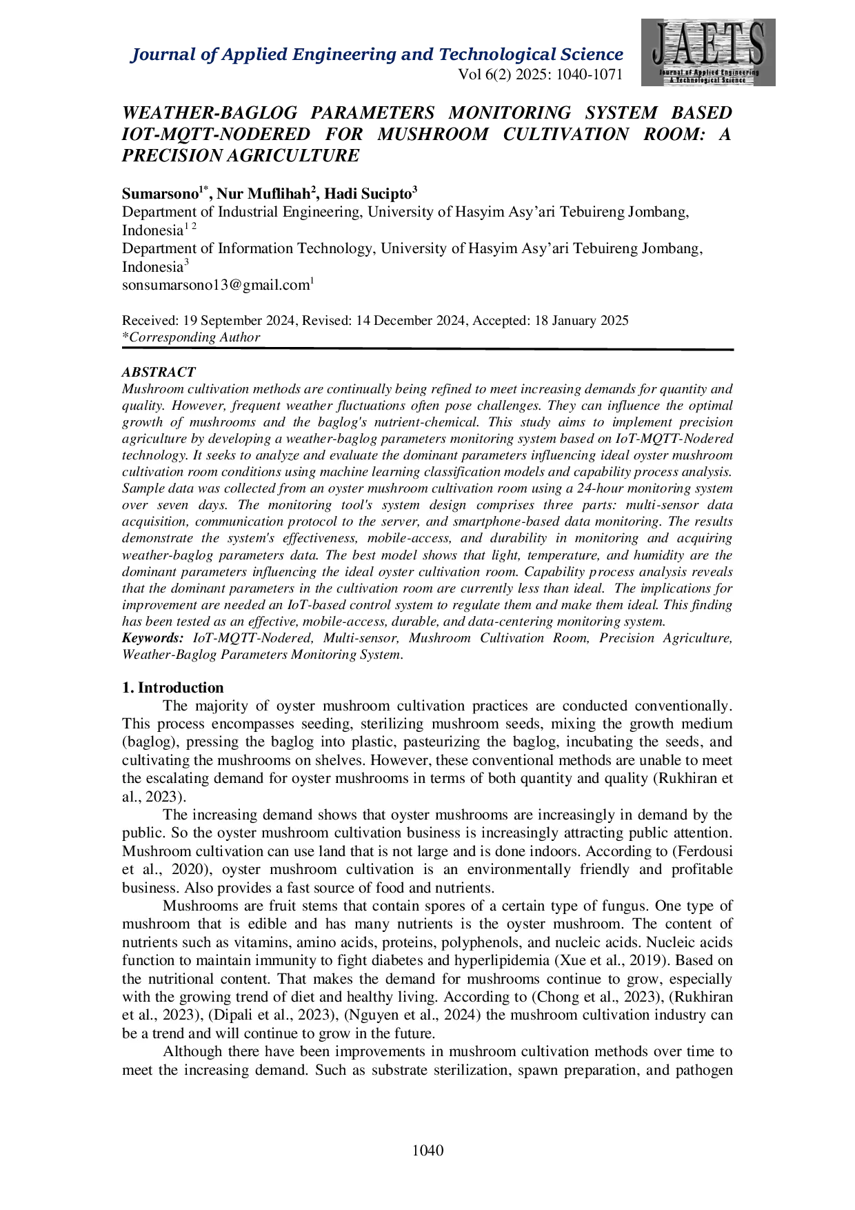 JURIS Weather Baglog Parameters Monitoring System Based IoT MQTT NodeRed for Mushroom Cultivation Room A Precision Agriculture