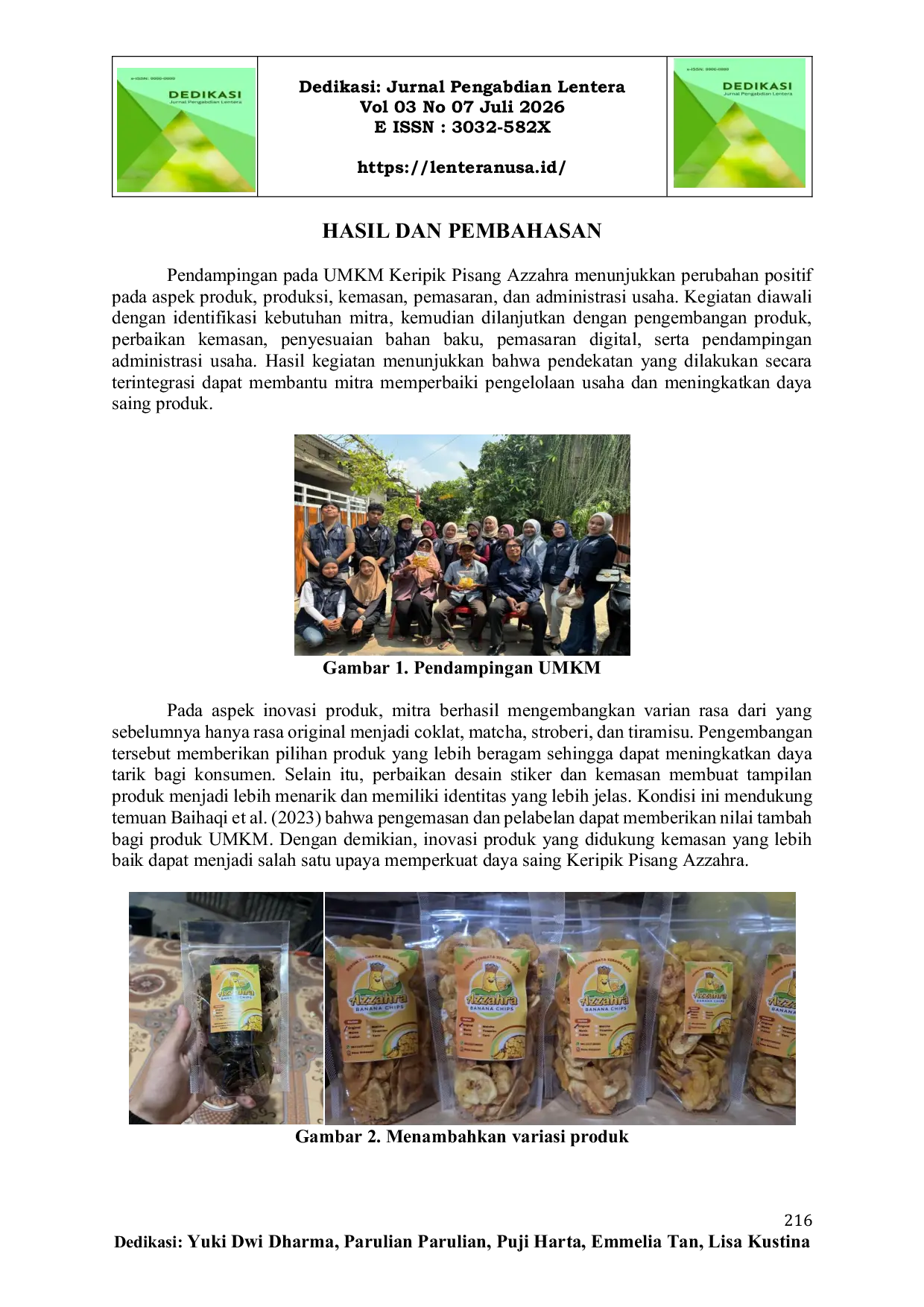 JURIS Inovasi Produk dan Pemasaran UMKM Keripik Pisang Azzahra untuk Meningkatkan Daya Saing