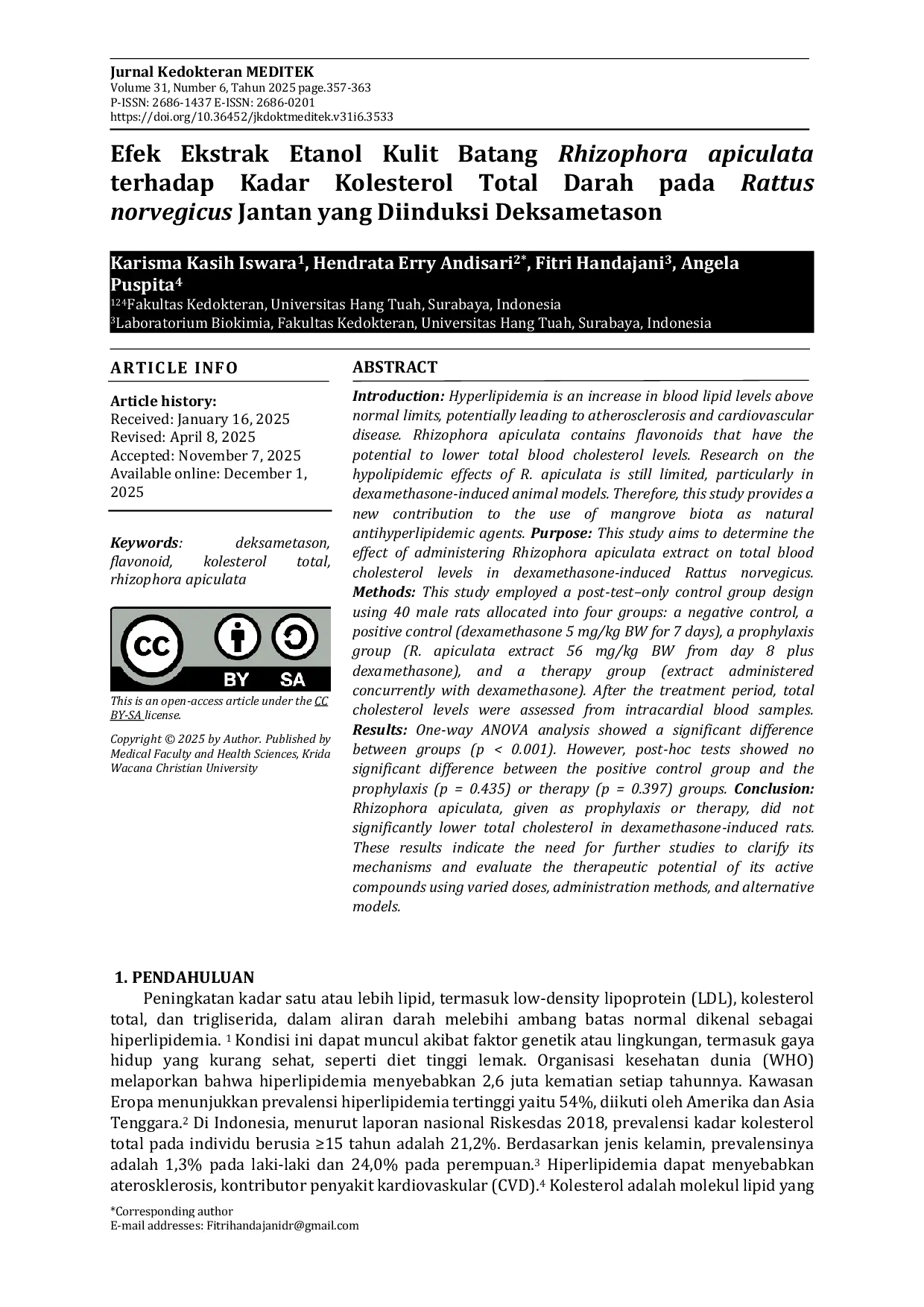 JURIS Efek Ekstrak Etanol Kulit Batang Rhizophora apiculata terhadap Kadar Kolesterol Total Darah pada Rattus norvegicus Jantan yang Diinduksi Deksametason