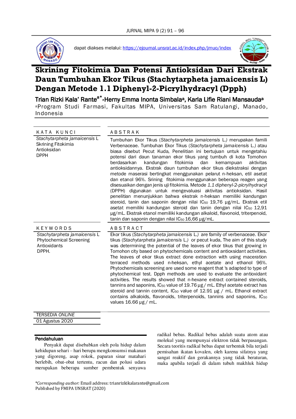 JURIS Skrining Fitokimia Dan Potensi Antioksidan Dari Ekstrak Daun Tumbuhan Ekor Tikus Stachytarpheta jamaicensis L Dengan Metode 1 1 Diphenyl 2 Picrylhydracyl Dpph