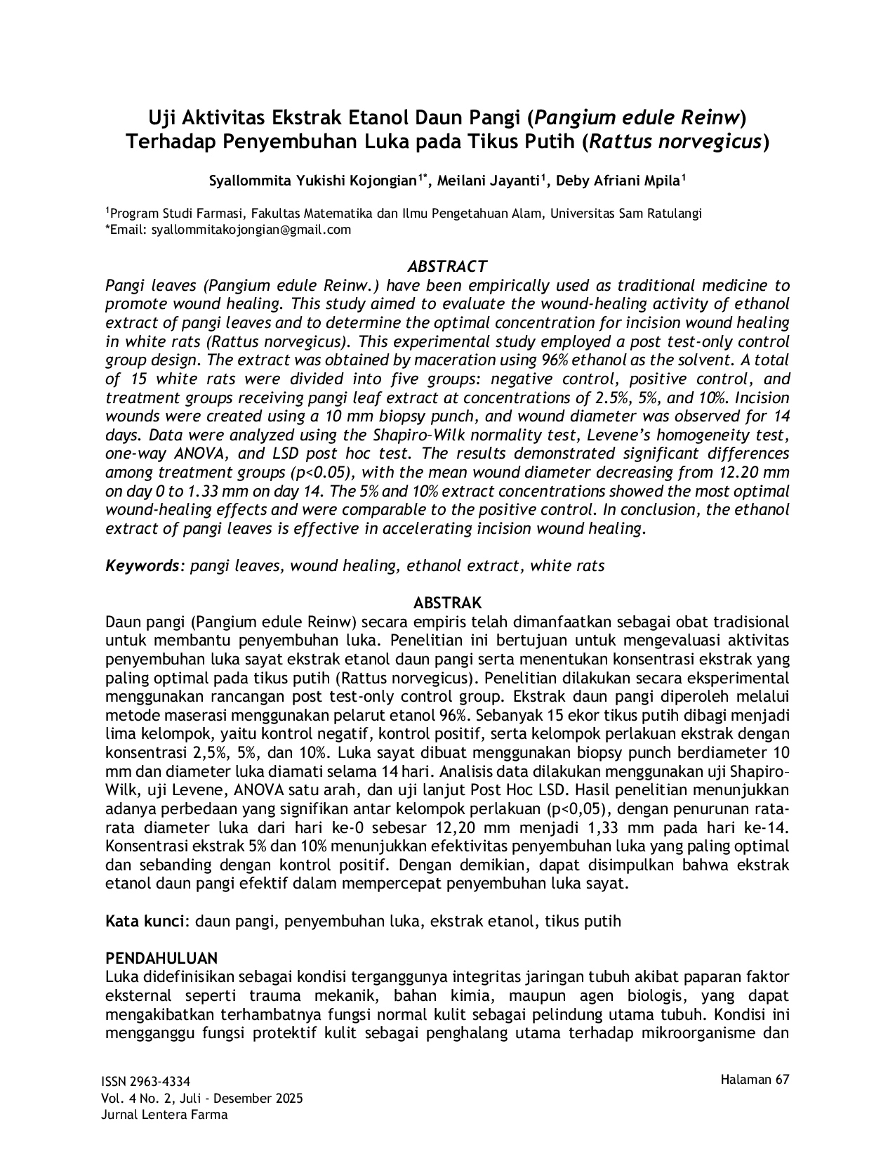 JURIS Uji Aktivitas Ekstrak Etanol Daun Pangi Pangium edule Reinw Terhadap Penyembuhan Luka pada Tikus Putih Rattus norvegicus