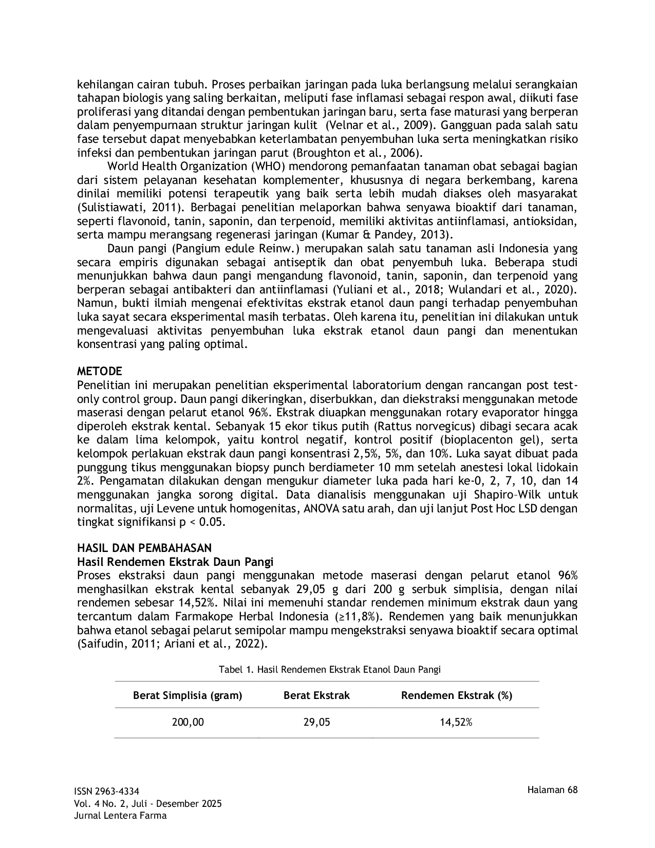 JURIS Uji Aktivitas Ekstrak Etanol Daun Pangi Pangium edule Reinw Terhadap Penyembuhan Luka pada Tikus Putih Rattus norvegicus