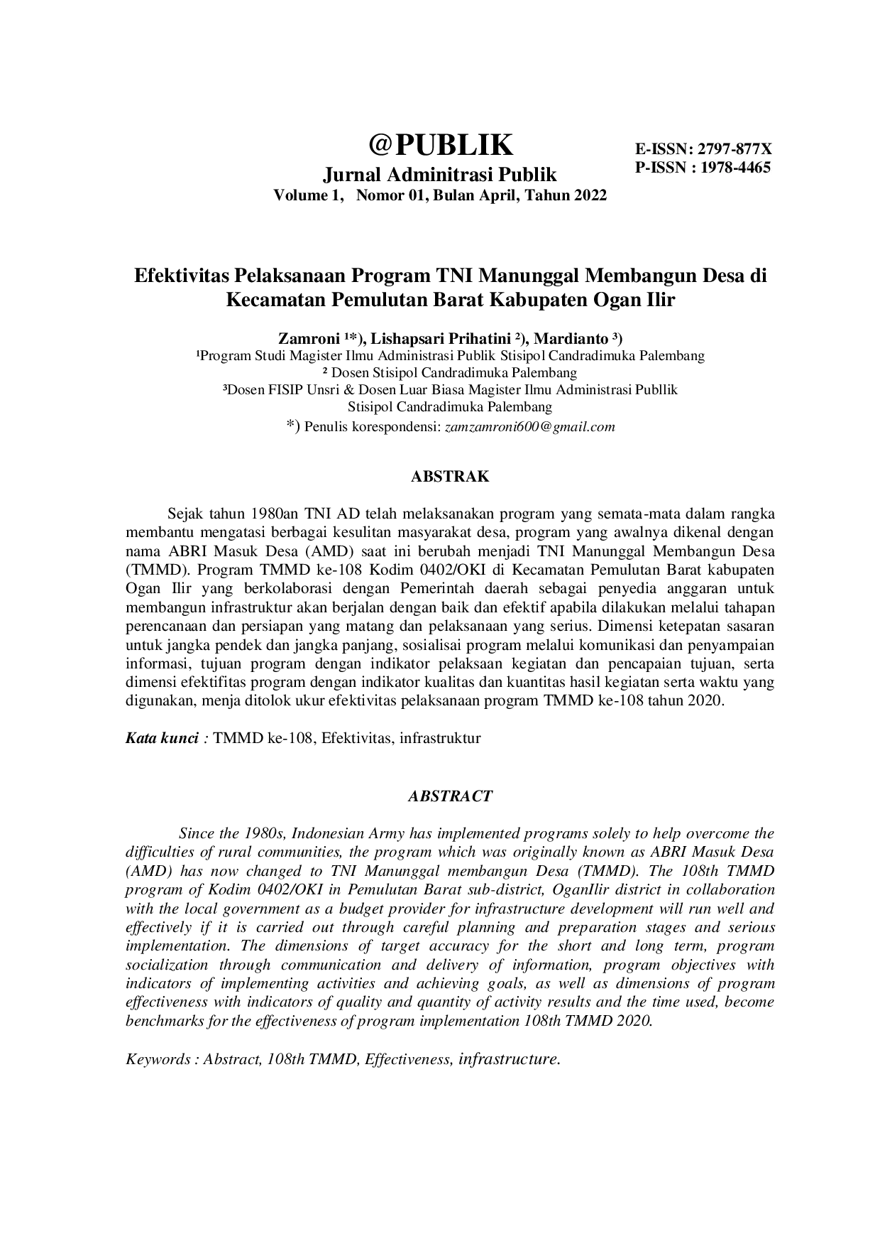 JURIS Efektivitas Pelaksanaan Program TNI Manunggal Membangun Desa di Kecamatan Pemulutan Barat Kabupaten Ogan Ilir