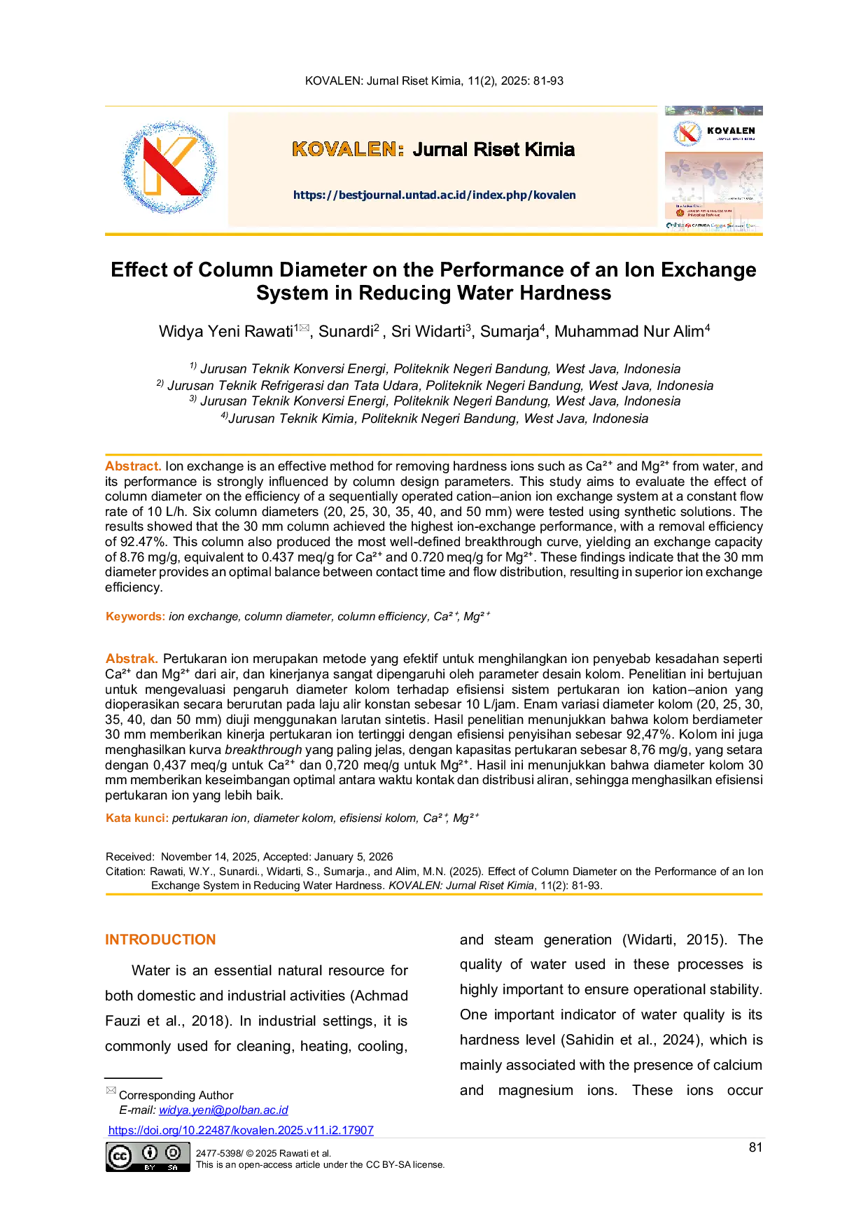JURIS Effect of Column Diameter on the Performance of an Ion Exchange System in Reducing Water Hardness