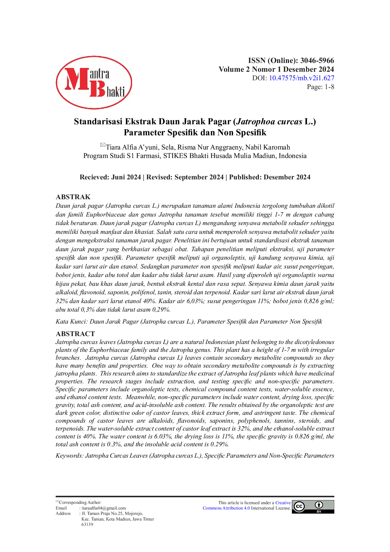 JURIS Standarisasi Ekstrak Daun Jarak Pagar Jatrophoa curcas L Parameter Spesifik dan Non Spesifik