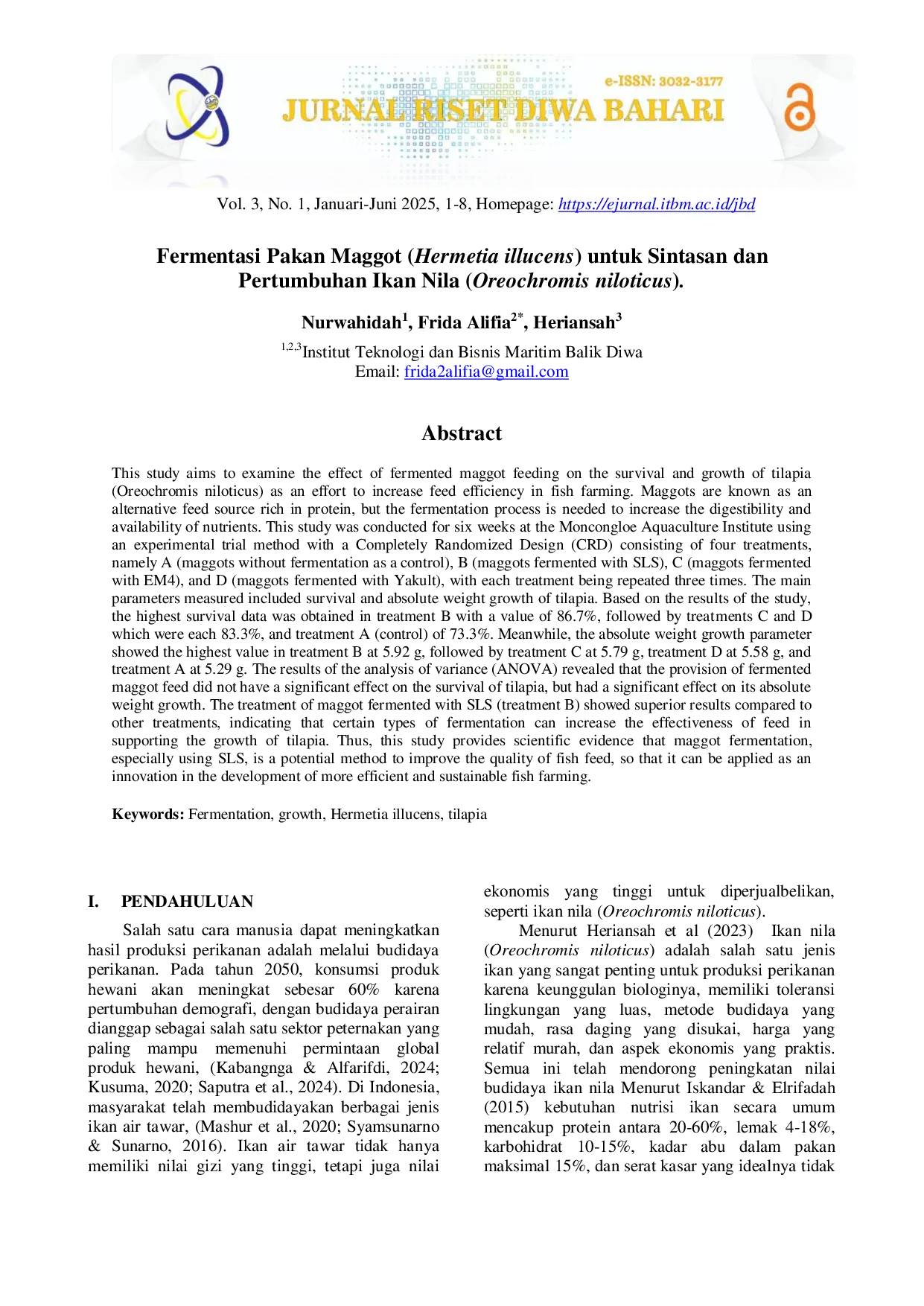 JURIS Fermentasi Pakan Maggot Hermetia illucens untuk Sintasan dan Pertumbuhan Ikan Nila Oreochromis niloticus