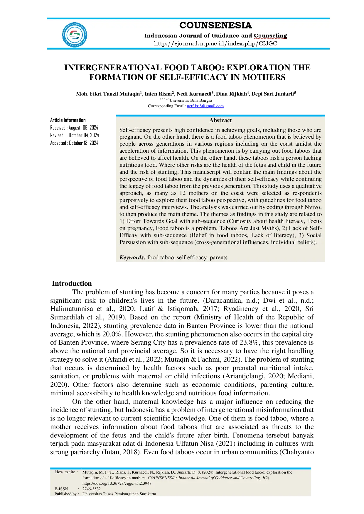 JURIS Intergenerational Food Taboo Exploration the Formation of Self Efficacy in Mothers