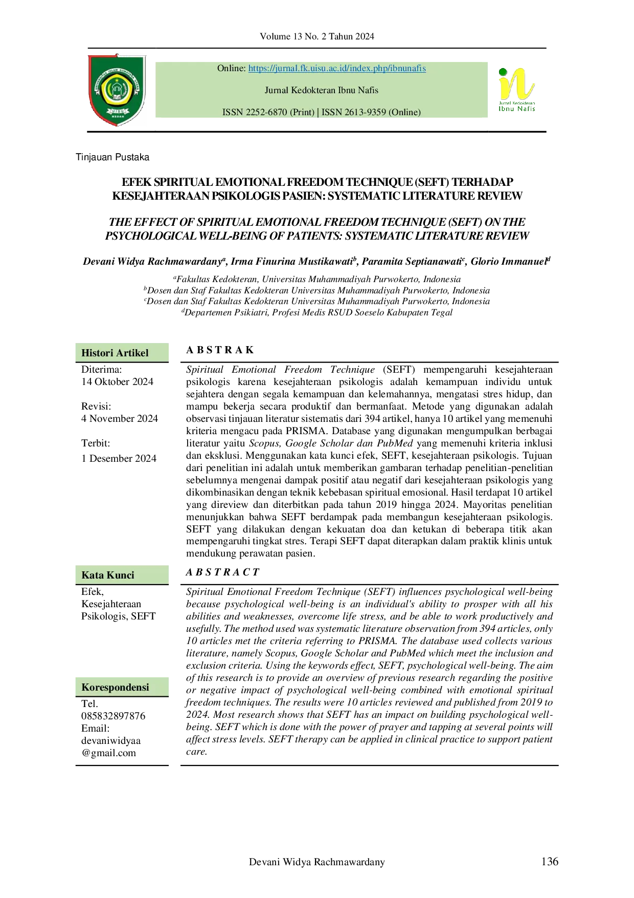 JURIS Efek Spiritual Emotional Freedom Technique SEFT Terhadap Kesejahteraan Psikologis Pasien Systematic Literature Review