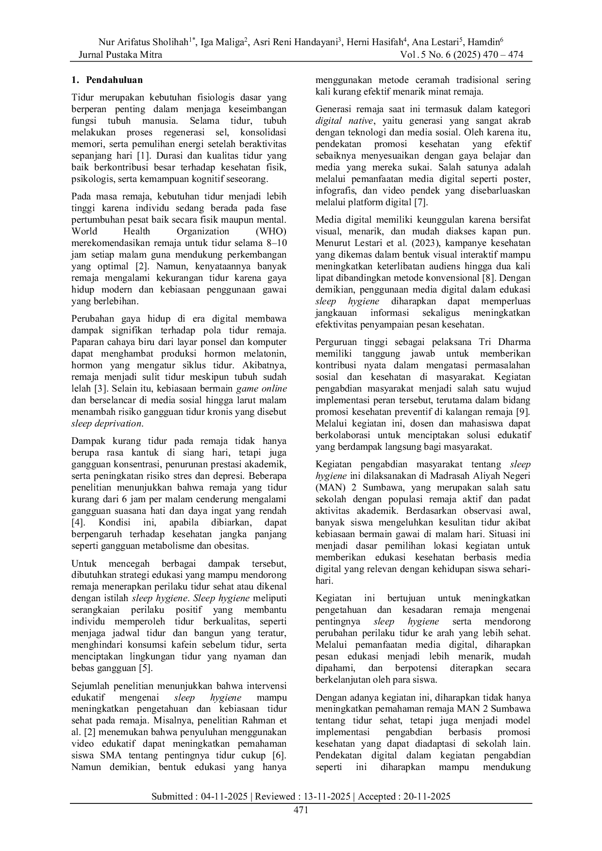 JURIS Pemanfaatan Media Digital dalam Edukasi Sleep Hygiene untuk Meningkatkan Kualitas Tidur Remaja MAN 2 Sumbawa