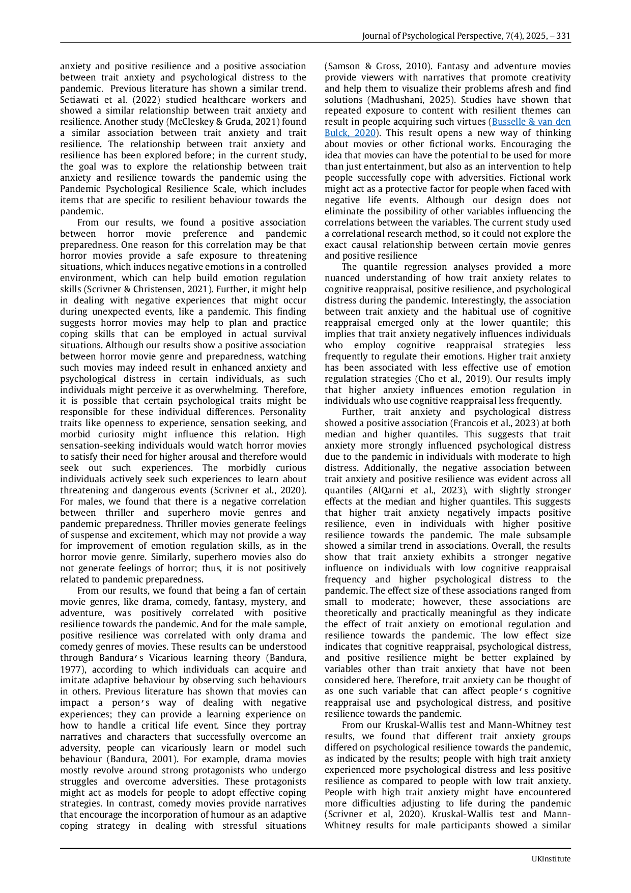 JURIS Trait Anxiety and Fictional Exposure How Movie Preferences Shape Psychological Resilience and Pandemic Preparedness