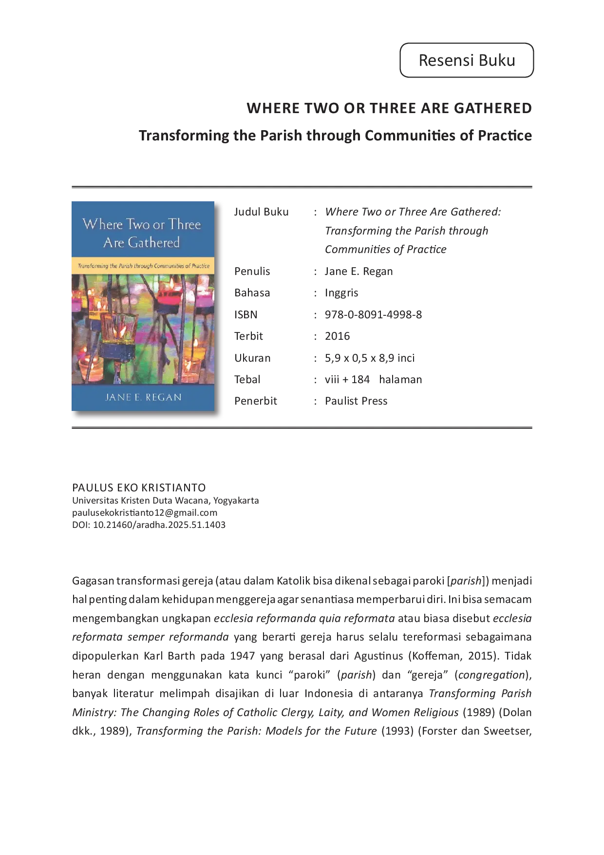 JURIS Resensi Buku Where Two or Three Are Gathered Transforming the Parish through Communities of Practice