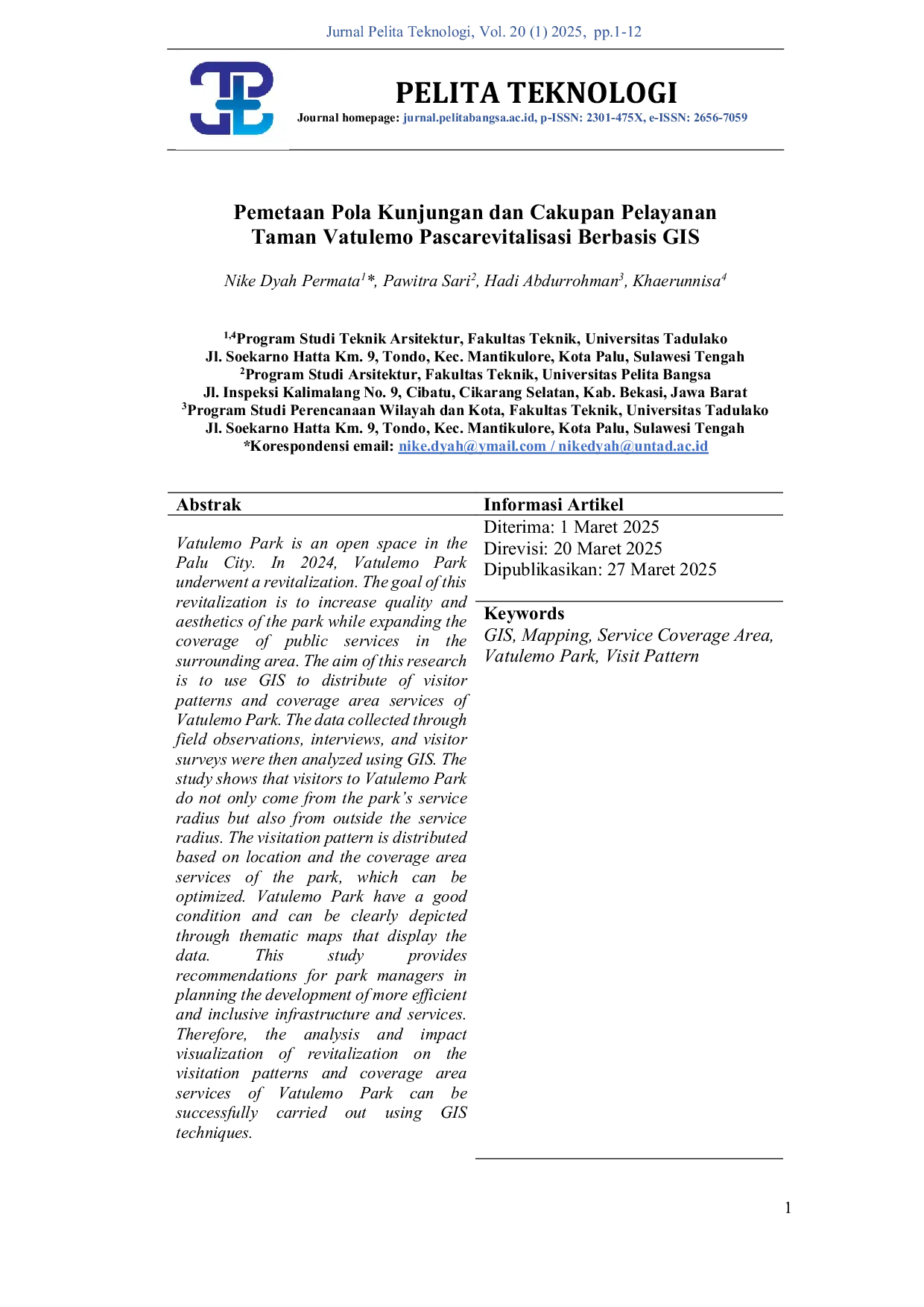 JURIS Pemetaan Pola Kunjungan dan Cakupan Pelayanan Taman Vatulemo Pascarevitalisasi Berbasis GIS