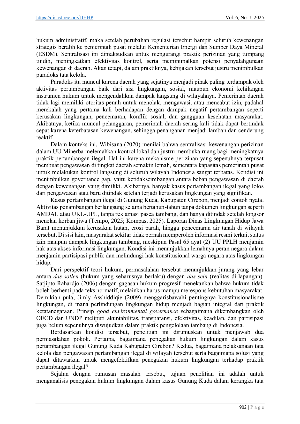JURIS Penegakan Hukum Lingkungan dalam Tata Kelola dan Pengawasan Pertambangan Ilegal Studi Kasus Pertambangan Gunung Kuda Kabupaten Cirebon