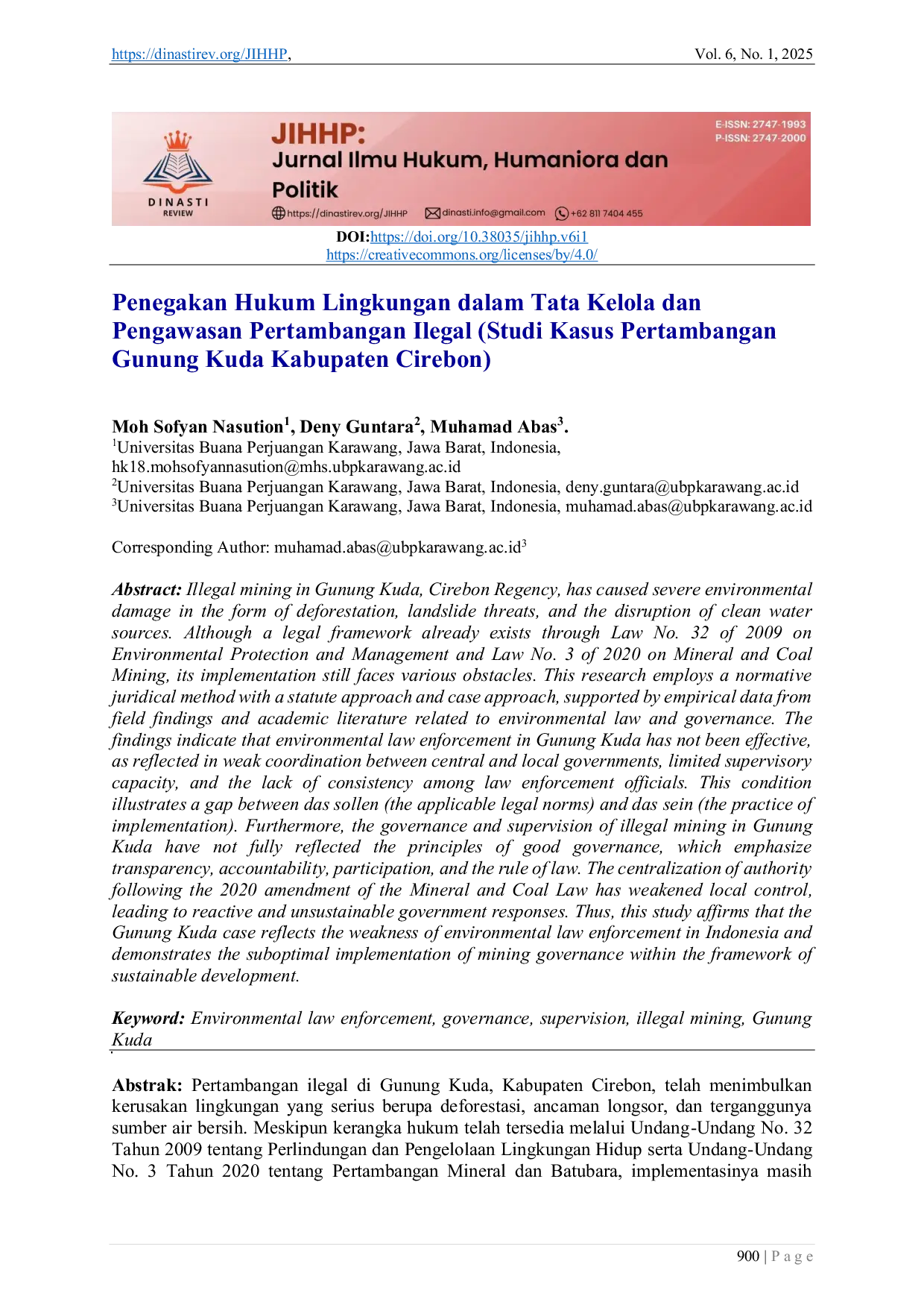 JURIS Penegakan Hukum Lingkungan dalam Tata Kelola dan Pengawasan Pertambangan Ilegal Studi Kasus Pertambangan Gunung Kuda Kabupaten Cirebon