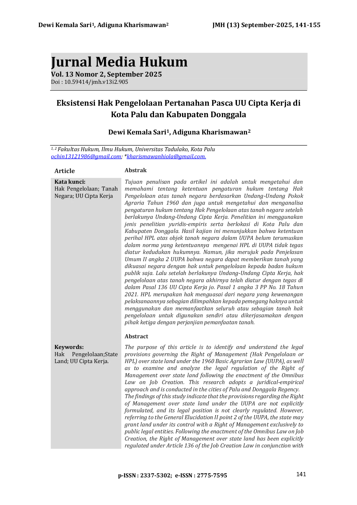 JURIS Eksistensi Hak Pengelolaan Pertanahan Pasca UU Cipta Kerja di Kota Palu dan Kabupaten Donggala The Existence of Land Management Rights after the Job Creation Law in Palu City and Donggala Regency